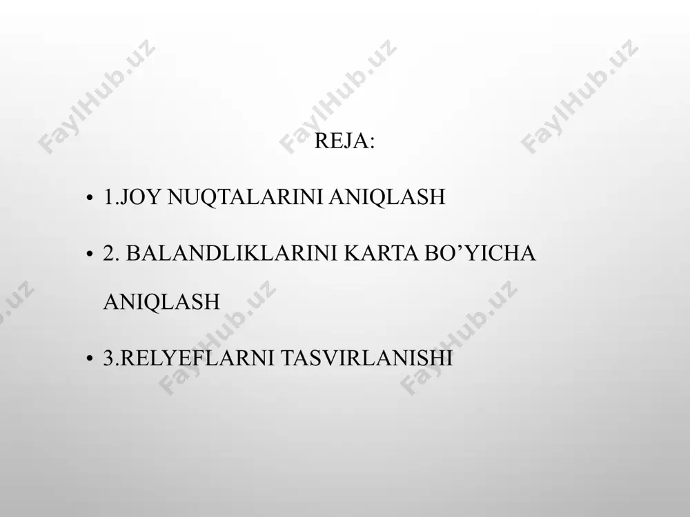 irlarning natijadorligi qanday bo‘lishini so‘radi. qayd etilganidek, bu tarmoq rivoji qishloq va suv xo‘jaligi, yer munosabatlari, ekologiya, geologiya kabi ko‘plab sohalarda qo‘l keladi. masalan, ekinlarning turi va maydoni, yerlarning o‘zboshimchalik bilan egallab olinishi, noqonuniy chiqindi joylari paydo bo‘lishini aniqlash darajasi 95 foizgacha yetadi. suv inshootlari, yer qa’ri va foydali qazilmalar muhofazasi ham yanada kuchayadi. prezidentimiz bu takliflarni ma’qullab, tegishli hujjatlarni qabul qilishga ko‘rsatma berdi. yer sirtining baland-pastliklariga re’lef deyiladi. joyning re’lefi balandlik va pastliklarga bo’linadi: tog’, tepa, tizma tog’, egarsimon joylar – balandlikka. chuqurlik, soy, jarlik esa pastlikka kiradi. nuqta gorizontalda joylashgan. nuqtaning mutloq balandligi qiymati u joylashgan gorizontallar balandligi qiymatiga teng; masalan yakka turgan daraxting mutloq balandligi 260 metr. nuqta gorizontalda joylashgan o‘rnini aniqlash nuqtalar gorizontallar orasida joylashsa. nuqtaning mutloq balandligi unga yaqin bo‘lgan gorizontal balandligi qiymatiga gorizontallar quyi qismida joylashsa yaqin bo‘lgan balandlik qiymatiga bu gorizontallar ustidagi nuqta chamalab aniqlanadi, ya’ni bu nuqtaning nisbiy balandligiga qo‘shilishiga teng bo‘ladi; …
