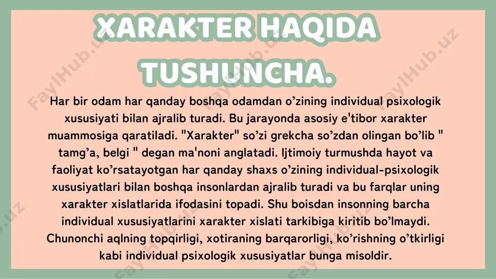 berishga; usullar mahsuldorligiga; aqlning ishtirokiga bog’liq. chunonchi, mehnatda ko’zga tashlanadigan tirishqoqlik, puxtalik mehnatga nisbatan ijobiy munosabatni aks ettirishga emas, balki boshqa omillarga: diqqatning to’planishiga; harakatlarning maqsadga yo’nalganligiga; irodaviy zo’r berishga; usullar mahsuldorligiga; aqlning ishtirokiga bog’liq. xarakterning fiziologik asoslari xarakterning psixologik va fiziologik sabablari haqida faqat taxminiy fikrlar, xulosalar mavjud. kishi temperamenti uning xarakteri tarkibiga kiradi, shu sababli ham xarakterning fiziologik asosi asab tizimining tipidan iborat. xarakter xislatlari shaxsning qiyin hosil qilinadigan va mustahkamlanib qoladigan xususiyatlari bo’lganligi tufayli, xarakterning fiziologik asosi ham individual hayot jarayonida asab tizimining o’zgargan xususiyatlaridan iborat. hayvon asab faoliyatining tug’ma konstitutsion turi genotip. lekin hayvon tug’ilganidan keyin tashqi sharoitlarning g’oyat xilma- xil taassurotlariga duch keladi va bunga muayyan faoliyat orqali muqarrar javob berishi lozim bo’ladiki, ko’pincha bu faoliyatlar mustahkamlanib, butun hayoti davomida saqlanib qoladi. shu sababli hayvonning batamom tarkib topgan asab faoliyati tipga oid belgilardan tashqari muhit ta'siri ostida hosil bo’lgan o’zgarishlarning qotishmasi-fenotip xarakteridir. xarakterning fiziologik asoslari …