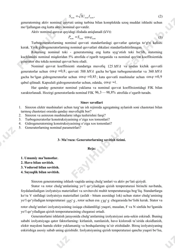 g aylanish soni chastotasi bilan tarmoq chastotasi orasida aniq muvofiqlik bor: (1) bunda - generator statori chulg‘amlarining juft qutblari soni. bug‘ va gaz turbinalari aylanish chastotasi katta ( ) qilib ishlab chiqariladi, chunki shunda turbogeneratorlar eng yuqori texnik-iqtisodiy ko‘rsatkichlarga ega bo‘ladi. odatdagi, yoqilg‘ida ishlaydigan issiqlik elektr stansiyalarida (iem larda) agregatlarning aylanish chastotasi, odatda, ni tashkil etadi, sinxron turbogeneratorlarda esa ikkita qutb bo‘ladi. aes da aylanish chastotasi bo‘lgan agregatlar ishlatiladi. turbogeneratorlar tezyurarligi sababli uning konstruksiyasining o‘ziga xos tomonlari bo‘ladi. bu generatorlar vali gorizontal joylashadigan qilib tayyorlanadi. turbogeneratorning katta mexanik va issiqlik yuklamalarida ishlovchi rotori magnit hamda mexanik xossalari yuqori bo‘lgan maxsus (xrom-nikelli yoki xrom–nikel-molibdenli) po‘latdan tayyorlangan yaxlit pokovkadan yasaladi. rotorning qutbi aniq bo‘lmaydi. aylanish chastotasi katta bo‘lganligi uchun, mexanik mustahkamlikni ta’minlash nuqtai nazaridan, rotorning diametri uchun dan ortmaydi. rotor qobiqining uzunligi ham ma’lum chegaraga ega bo‘lib, ga teng bo‘ladi. u val statik egilishining ruxsat etiladigan kattaligi va ma’qul titrash xarakteristikasini hosil …
