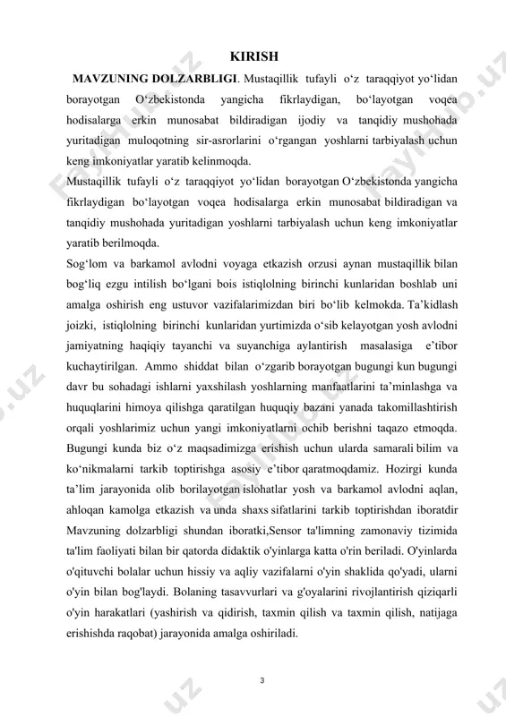 berishni taqazo etmoqda. bugungi kunda biz o‘z maqsadimizga erishish uchun ularda samarali bilim va ko‘nikmalarni tarkib toptirishga asosiy e’tibor qaratmoqdamiz. hozirgi kunda ta’lim jarayonida olib borilayotgan islohatlar yosh va barkamol avlodni aqlan, ahloqan kamolga etkazish va unda shaxs sifatlarini tarkib toptirishdan iboratdir mavzuning dolzarbligi shundan iboratki,sensor ta'limning zamonaviy tizimida ta'lim faoliyati bilan bir qatorda didaktik o'yinlarga katta o'rin beriladi. o'yinlarda o'qituvchi bolalar uchun hissiy va aqliy vazifalarni o'yin shaklida qo'yadi, ularni o'yin bilan bog'laydi. bolaning tasavvurlari va g'oyalarini rivojlantirish qiziqarli o'yin harakatlari (yashirish va qidirish, taxmin qilish va taxmin qilish, natijaga erishishda raqobat) jarayonida amalga oshiriladi. katta ahamiyatga ega didaktik materiallar va o'yinchoqlar bilan mashqlar ham mavjud. har bir bolaning amaliy faoliyatiga asoslangan ushbu mashqlar uning hissiy tajribasini yaxshilashga imkon beradi, ob'ektlarning shakli, o'lchami, rangi haqidagi g'oyalarni birlashtirish uchun foydalidir . kurs ishining maqsad va vazifalari. ishda maktabgacha yoshdagi bolalarning sensor tarbiyasini rivojlantirishda har bir yosh bosqichida bola ma'lum ta'sirlarga …