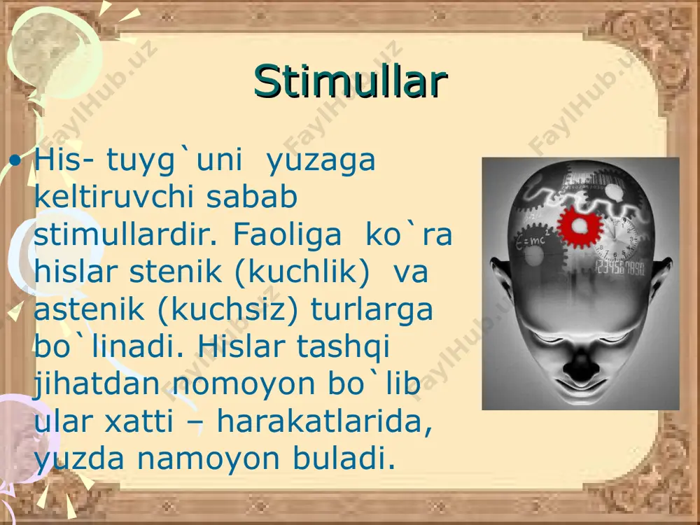 dalanish mumkin. tajribaning birinchi qismida tekshiriluvchilar fotosuratga qarab-ixtiyoriy his-tuyg`ularni baholaydilar. ikkinchisida esa kinosyujetdagi ixtiyorsiz kechinmalarni ta`riflaydilar. har ikki tajriba natijalarini taqqoslash orqali hissiyotlarning ifodalanishidagi umumiy va farq qiluvchi tomonlarni aniqlash mumkin. anglangan his-tuyg`ular haqidagi ma`lumotni olish uchun o`zining hissiy holatlari haqida hisobot berish metodidan foydalanish mumkin. bu metod hissiyotlarni paydo bo`lish sababi, sub`ekt tomonidan o`z ruhiy holatlarini idrok qilish xususiyati, hukmron hislar, psixik faoliyatda biror buzilishni his qilish yoki qilmasligi kabi holatlarni aniqlash imkonini beradi. bu metodning afzalligi tekshiriluvchi o`zi lozim deb topgan barcha ma`lumotlarni etkazadi, kamchiligi esa hissiyotlarni o`lchash imkoniyati mavjud emas. shunday paytda avvaldan belgilangan maxsus shkalalardan foydalanish maqsadiga muvofiq bo`ladi. emotsional holatlar shkalasi quyidagicha: kuchli salbiy holatlar - kuchli qoniqmaslik, nafrat, afsuslanish, dahshatga tushish. kuchsiz salbiy holatlar - kuchsiz norozilik, qayg`urish, xafa bo`lish, xavotirlanish, qo`rquv. neytral holatlar: xotirjamlik, ishonchlilik. kuchsiz ijobiy holatlar: kuchsiz zavqlanish, qoniqish hissi, kuchli hissiy holatlar-kuchli suratdagi qoniqish, quvonch, shodlanish. tekshiriluvchi u yoki bu …