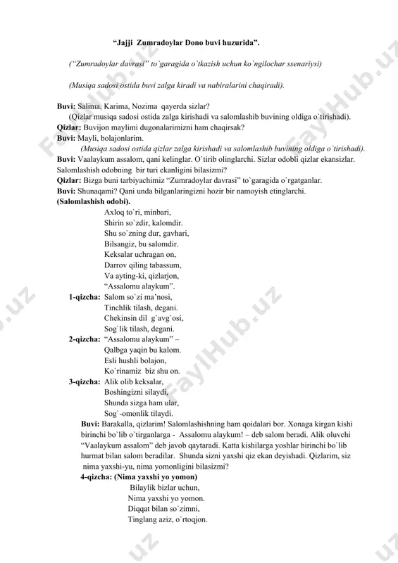 i, tinglang aziz, o`rtoqjon. intizomli bo`lsak biz, kattalar bo`lishar shod. to`polon qilsak ular. xunob bo`lib, derlar “dod”. 5-qizcha: yaxshidir tongda turib, yuz – qo`lni toza yuvish. yomon odat erinib, yuvilmasa agar tish. kattalar gaplashganda, jim turish ham odobdan. yomondir saqlanmaslik, issiq kunda oftobdan. 6-qizcha: yurish kerak ozoda, ko`cha kuyda, uyda ham. kir yursak, “bu bolaning, - derlar, - esi juda kam”. yolg`on so`zlash yomon ish, qilmaylik hech to`polon. mehr bersak kitobga, aqlimiz o`sar chunon. buvi: sizlar avvalambor qiz bola ekanligingizni unutmasligingiz kerak. qiz bolalarning ham, o`gil bolalarnng ham o`zlariga xos fazilatlari bor. (musuqa sadosi ostida xonaga qimmat kirib keladi) qimmat: voy bu qizlarni, anchadan beri eshik orqasida poylab turibman juda o`zlaringizni maqtab yubormadingizlarmi? men ham bilaman sizlar bilgan narsalarni. buvi: biladiganga o`xshamaysan. seni isming qimmat bo`lsa kerak. turishingdan ertakdagi qimmatning o`zisan. yana, salom bermading. qimmat: nimaga endi men sizlarga salom berishim kerak ekan? buvi: meni gaplarimga quloq sol qizim. (qiz …