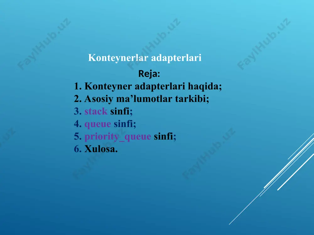 { if ( s.size == maxsize ) return 0; s.data[s.size] = x; s.size ++; return 1; } xatolik: stekni to’ldirish element qo’shish xatolik yo’q stekni amalga oshirish (massiv) * * stekni amalga oshirish (massiv) char pop ( stack &s ) { if ( s.size == 0 ) return char(255); s.size --; return s.data[s.size]; } boshidan elementni o’chirish: bo’shmi yoki yo’q? int isempty ( stack &s ) { if ( s.size == 0 ) return 1; else return 0; } xatolik: stek bo’sh int isempty ( stack &s ) { return (s.size == 0); } * * dastur void main() { char br1[3] = { '(', '[', '{' }; char br2[3] = { ')', ']', '}' }; char s[80], upper; int i, k, error = 0; stack s; s.size = 0; printf(“qavsli ifodani kiriting > "); gets ( s ); ... // qayta ishlovchi asosiy sikl if ( ! error && …