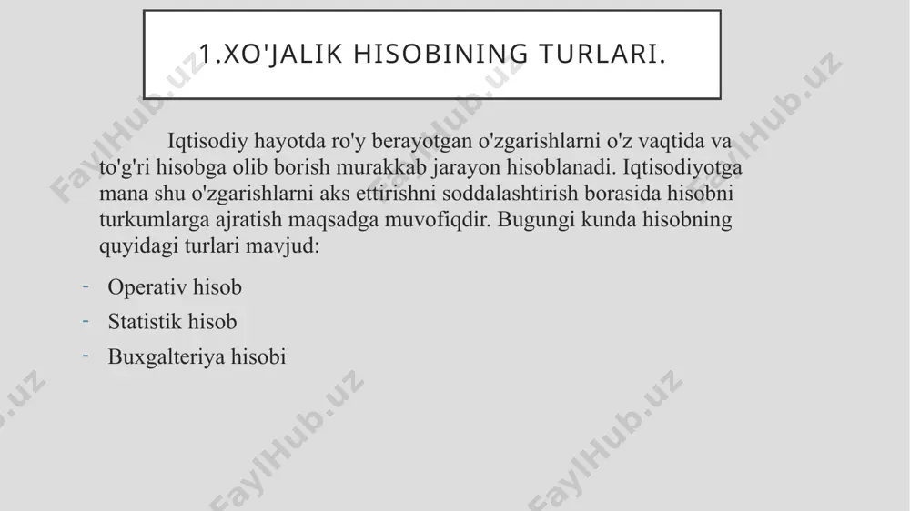 izlashdan iborat. nazoarat funksiyasi ishlab chiqarish jarayonini va iqtisodiy ko'rsatkichlarning bajarilishi va biznes-rejalarda mo'ljallanganini kuzatish, ya'ni xatti-harakatlar mo'ljallangan rejaga qanchalik muvofiqligini belgilash jarayonidir. axborot funksiyasi ichki va tashqi foydalanuvchilar uchun korxona haqida to'liq va ishonchli axborot bilan ta'minlashni bildiradi. bu funksiya qo'yilgan maqsadlarni amalga oshirish uchun korxona rahbari, tashqi investorlar va foydalanuvchilarga tegishli moliyaviy axborotga asoslanadigan samarali axborot tizimi zarurligi natijasida kelib chiqadi. tahliliy funksiya korxonaning moliyaviy-iqtisodiy holatini yaxshilash maqsadida qaror qabul qilish uchun ilgari qabul qilingan strategiya va taktikasini baholash va tahlil qilish jarayonidir. tahlil natijasida korxonada boy berilgan imkoniyatlarni hisoblab chiqish, mavjud rezervlar hajmini belgilash, uskunalar, mehnat va xomashyo resurslaridan foydalanish darajasini oshirish, shuningdek, moddiy resurslar bilan uzluksiz ta'minlashni yo'lga qo'yish mumkin. hisob funksiya korxona xo'jalik faoliyatining hujjatlar asosidagi yalpi, uzluksiz va o'zaro bog'langan ifodasidir. foydalanilgan adabiyotlar: 1. o‘zbekiston respublikasining 1996-yil 30-àvgustdagi «buxgaltåriya hisobi haqida» qonun. 2. o‘zbekiston respublikasining buxgalteriya hisobi bo‘yicha milliy standarti. 3. gulyamova f.g. buxgalteriya …