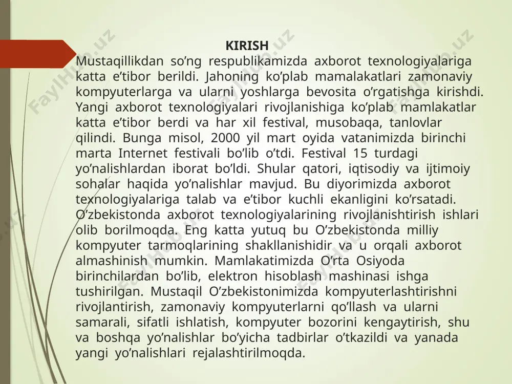 rada saqlab turish copy – belgilangan qism yoki komponentaning nusxasini xotirada saqlab turish paste – xotiraga qirqib yoki nusxalab olingan qism yoki komponentani belgilangan yoki ko’rsatilgan joyga qo’yishselect all – barcha qismlarni yoki komponentlarni belgilab olish find and replace – ma’lum qism yoki komponentani butun muhit bo’ylab qidiradi va o’zgartiradi go to – ko’rsatilgan dastur qismiga borish 3. view <>code – joriy dasturning kodini chiqarib beradi open – joriy dasturni ochib beradi open with – joriy dasturni xohlagan dastur yordamida ishlov berish imkoniyatini yaratadi server explorer – server oynasi bo’lib , unda asosiy komponentalar joylashadi solution explorer – obyektlar oynasi classview-loyiha elementlarini ko’rsatib beradi. uning yordamida yangi yoki qo’shimcha obyektlarni qo’shish, olib tashlash, ko’rinishini, tartibini o’zgartirish mumkin; 3 s # dasturlash tili komponentlari. komponentalar oynasi quyidagi asosiy komponentalardan tashkil topadi: label, button, textbox, menustrip, picturebox, tabcontrol, openfiledialog colordialog va boshqalar. agarda bizga kerak bo’lgan komponenta oynada mavjud bo’lmasa u holda …