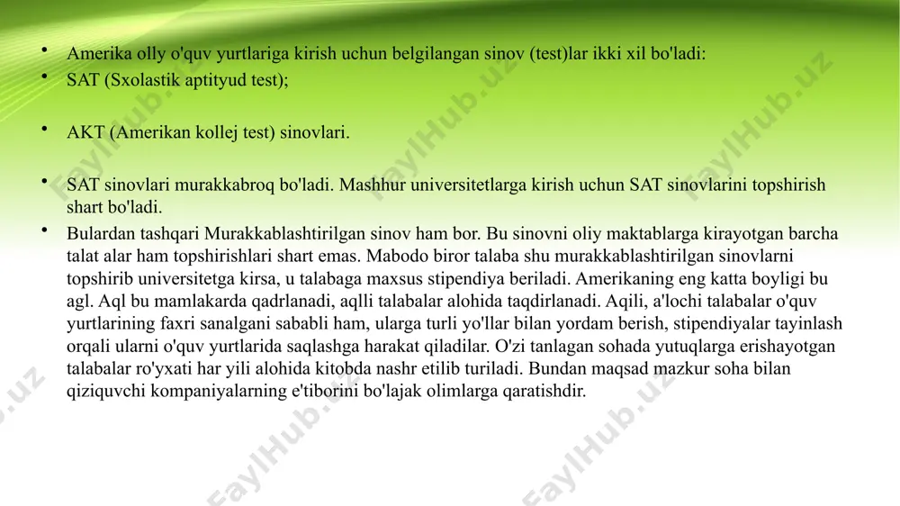 hqalar sabab bo'ldi. fransiyada ta&amp;amp;apos;limning asosiy maqsadi shaxsning har tomonlama kamol topishini ta&amp;amp;apos;minlash, uni mustaqil faoliyatga tayyorlash, bozor munosabatlari sharoitida o&amp;amp;apos;quvchilarni tadbirkorlikka, ishbilarmonlik va omilkorlikka o&amp;amp;apos;rgatish, shunga yarasha kasb-korga ega qilishdan iboratdir. bu yerda: davlat maktablari oraliq maktablari mavjud xususiy maktablar fransiya aimida bolalarning bolatarn go'daklik chog'idanoq maktabda o'qitish uchun tayyor holda olib kelish g'oyat muhim masala hisoblanadi. bu bosqichda tarbiyalanuvchilar quyidagicha tabaqalashtirilgan: kichik guruh (2-4 yosh), o'rta guruh (4-5 yosh), katta guruh (5-6 yosh). maktabga tayyorlov guruhi (5-6 yosh) bo'lib, ularga frantsiyada 100% shu yoshdagi bolalar qamrab olingan. bolalarni maktabga tayyorlash uchun alohida dastur va darsliklar mavjud. fransiyada boshlang'ich ta'lim maktablariga 6 yoshdan 11 yoshgacha bo'lgan bolalar jalb qilinadilar. boshlang'ich maktab bepul va majburiy. uning vazifasi o'qish, yozish, hisoblash malakasini berishdir. o'quv mashg'ulotlari ertalab soat 9 dan 12 gacha, hamda soat 14 dan 16 gacha 5 soat davom etadi. maktabda ovqatlanish pullik, lekin juda arzonlashtirilgan narxlarda. tayyorlov bosqich elementar …