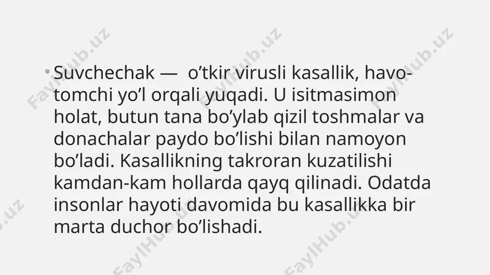 a asta-sekin enantema — sarg’ish-kulrang yuzaki qobiq hosil bo’ladi. suvchechakning inkubatsion davri 7-21 kun davom etadi. ya’ni infektsiya toshma va boshqa alomatlar boshlanishidan shuncha kun oldin organizmga tushgan bo’ladi. boshqa belgilar bir necha kun davom etib, quyidagilarni o’z ichiga oladi: • isitma; • bosh og’rig’i; • ishtaha yo’qolishi. odam sog’ayishdan oldin kasallikning uch bosqichdan o’tadi: qizil va pushti donachalar butun tanada rivojlanadi; donachalar suyuqlik bilan to’lgan pufakchalarga aylanadi; pufakchalar qattiqlashib, yuzaki qobiq paydo bo’ladi. tanadagi toshmalar bir vaqtning o’zida yo’qolmaydi. virus faoliyati davomida yangi vezikulalar paydo bo’lib turadi. pufakchalar kuchli qichishi mumkin, ayniqsa, usti qobiq bilan qoplanishidan oldin. donachalar butunlay yo’qlishi uchun 7-14 kun vaqt ketadi. xavf guruhi infektsiyaga qarshi immunitet mavjud yoki vaktsina olganlik suvchechak ta’sir qilishi xavfini sezilarli darajada kamaytiradi. virusga qarshi immunitet onadan chaqaloqqa o’tishi mumkin bo’lib, bolada uch oygacha saqlanib turadi. oldin virusga duchor bo’lmagan har bir kishi suvchechak bilan kasallanishi mumkin. quyidagi sharoitlarda kasallanish xavfi …