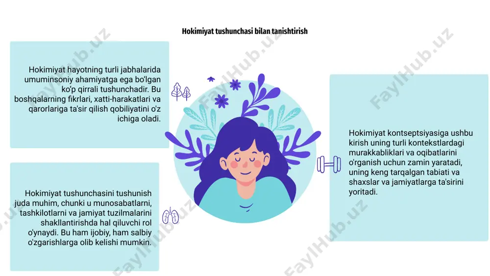 dir. u shaxslardan tashqari institutlar va millatlarga tarqalib, o'zaro munosabatlar va hokimiyat uchun kurashni shakllantiradi. hokimiyat tushunchasi umuminsoniy, madaniy va geografik chegaralardan oshib ketadi. hokimiyat uchun kurash va to'qnashuvlar kuch taqsimotida nomuvofiqlik yuzaga kelganda, keskinlik va raqobatga olib keladi. murakkab ijtimoiy tuzilmalarni boshqarishda kuch dinamikasining nuanslarini tushunish juda muhimdir. hokimiyat uchun kurash va mojarolarni tan olish nizolarni samarali hal qilish va muzokaralar strategiyasini ishlab chiqish imkonini beradi. mental health infographics hokimiyat madaniyat va jamiyatlardan ustun turadigan universal tushunchadir. u boshqalarga ta'sir qilish va o'z maqsadlariga erishish uchun vosita bo'lib xizmat qiladi. shaxslar, tashkilotlar yoki millatlar tomonidan boshqariladimi, hokimiyat turli kontekstlarda boshqalarning munosabatlari, qarorlari va harakatlarini shakllantirish uchun ishlatilishi mumkin. hokimiyat dinamikasini tushunish samarali etakchilik, muzokaralar olib borish va shaxsiy va professional sharoitlarda nizolarni hal qilish uchun zarurdir. qaror qabul qilishda hokimiyatning roli kuch barcha jamiyatlarda qaror qabul qilish jarayonlarida hal qiluvchi element hisoblanadi. u natijalarni shakllantirishda va oxir-oqibat resurslar va …