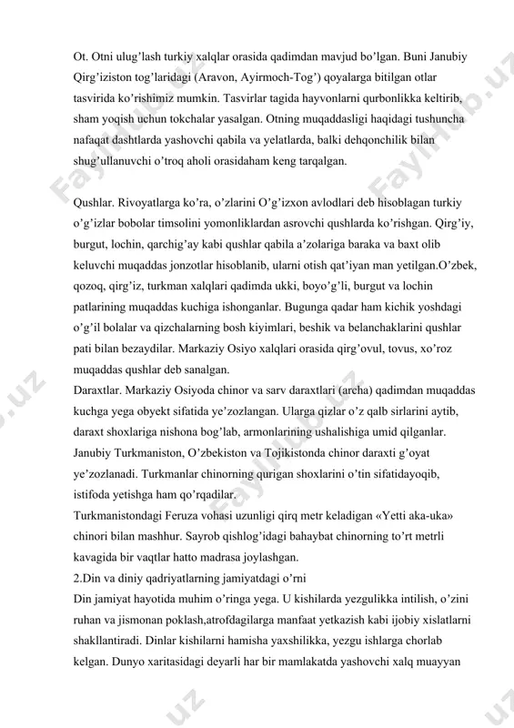 » chinori bilan mashhur. sayrob qishlogʼidagi bahaybat chinorning toʼrt metrli kavagida bir vaqtlar hatto madrasa joylashgan. 2.din va diniy qadriyatlarning jamiyatdagi oʼrni din jamiyat hayotida muhim oʼringa yega. u kishilarda yezgulikka intilish, oʼzini ruhan va jismonan poklash,atrofdagilarga manfaat yetkazish kabi ijobiy xislatlarni shakllantiradi. dinlar kishilarni hamisha yaxshilikka, yezgu ishlarga chorlab kelgan. dunyo xaritasidagi deyarli har bir mamlakatda yashovchi xalq muayyan dinga yeʼtiqod qiladi, uning oʼz urf-odat va anʼanalari mavjud. dunyo xalqlari tarixini oʼrganishda ularning diniy qarashlari,eʼtiqodlari va diniy amaliyotlarini yeʼtibordan chetda qoldirish mumkin yemas. din jamiyatda insonlar dunyoqarashini shakllantirish, tasalli berish (kompensatorlik), birlashtirish, boshqarish, kommunikativlik, ruhiy­maʼnaviy tarbiyalash kabi bir qator vazifalarni bajarib kelgan. dinning tasalli beruvchilik vazifasini olaylik. inson bolasi boshiga biror musibat, qiyinchilik tushganida oʼziga dindan ovutuvchi, koʼngliga taskin beruvchi, yupatuvchi kuch topgan. din birlashtirish vazifasini ham bajarib, insonlar orasida hamjihatlikni mustahkamlashga xizmat qiladi. har bir din yeʼtiqod qiluvchilarini oʼz qoidalariga amal qilishga chaqiradi. ularni bu qoidalarga sodiqlikka undaydi …