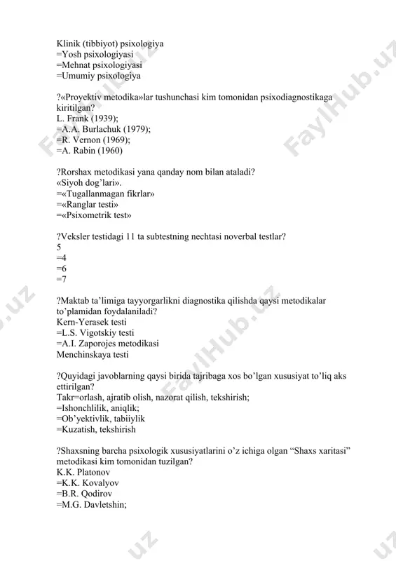 ishlab chiqilgan aat (auditoriya appersepsion testi)ning qo’zg’atuvchi materiali nima? tovushlar =vazifalar =rasmlar; =ranglar ?verbal testlar - bu? so’zlitopshiriqlardaniborat,ulartushunchalrnianiqlashxulosachiqarish,so’zlarnianglashvataqqoslashbilanbog’liqhar-xilmantiqiyoperatsiyalarnibajarilishi =shaxsningalohidabelgilari,motivlar,emotsiyalar,xarakteraksentuatsiyasi,xavotirlilik,tajovuskorlikvaboshqalarnianiqlash =ijtimoiyguruhlardaodamlarningmunosabatisifatidaijtimoiypsixologiko’z-o’ziniattestatsiyaqilish =sinaluvchida test materiallari sifatida har- xil shakldagi blankalarda foydalaniladi,masalan,rasmlar, sxemalar,jadvallar, obrazlar va so’rovnomalarni aniqlash =obrazlar ,suratlar,rasmlar,sxema va tasavvurlar bilan mashqlarni o’z ichiga oladi ?tat (tematik appersepsion test) mualliflari kim? morgan va myurrey =v.l. marishuk =v.i. yevdokimov =rorshax ?m. lyusher testidagi asosiy ranglar qaysilar? yashil, ko’k, qizil, sariq; =qizil, sariq, qora, safsar (binafsha rang); =ko’k, qora, yashil, jigarrang; =safsar, jigarrang, qora, kulrang. ?krichmer insonlarni qanday guruhlarga ajratadi leypsomatik, desplatik, atletik, lepsomatik, peknik, atletik =atletik, lepsomatik =peknik, atletik =aralash tiplarga ?t.gilford qaysi metoddan foydalanib intellekt modelini yaratdi. matematik metoddan =biografik metoddan =sotsiometriya metodidan =eksperiment metodidan ?piktogramma metodi qanday tartibda amalga oshadi rasmlar, chizmalar orqali =testlar orqali =turli o‘yinlar orqali =anketalar orqali ?segen doskasi metodikasi nimani o‘rganishga qaratilgan bolani shakllarni farqlash qobiliyatini oshirishga, motorika xususiyatlarini o‘rganishga =qurish, yasash, xususiyatlarni o‘rganishga =xotira samaradorligini bilishga …