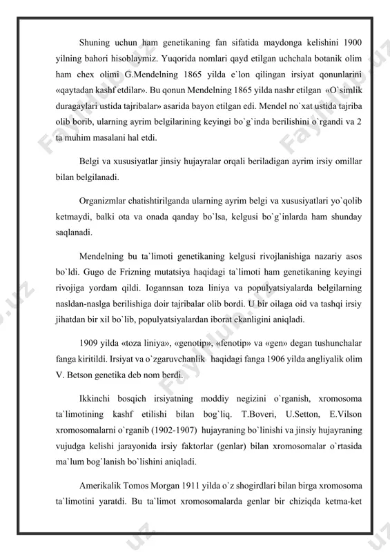 i aniqladi. amerikalik tomos morgan 1911 yilda o`z shogirdlari bilan birga xromosoma ta`limotini yaratdi. bu ta`limot xromosomalarda genlar bir chiziqda ketma-ket joylashishini va muayyan turda necha juft gomologik xromosoma bo`lsa, shuncha birikish gruppasi hosil qilinishini tushuntirib berdi. morgon fikricha genlar xromosomalarning moddiy bo`lakchalaridir. morgon ta`limoti organizmlarning irsiyati va o`zgaruvchanligini o`rganishda sitologik metodga asos soldi. natijada genetikada yangi yo`nalish – sitogenetika vujudga keldi. xromosoma ta`limoti genetikada buyuk kashfiyot bo`ldi. biroq bu davrda gen mutatsiyasi o`zidan-o`zi vujudga keluvchi, tashqi sharoitga bog`liq bo`lmagan irsiy o`zgaruvchanlik deb qaralar edi. sababi tashqi sharoit ta`sirida organizmdagi mutatsion o`zgarishlarni vujudga keltirish bo`yicha olib borilgan ko`pgina ishlar natijasiz bo`ldi. faqat 1925 yilda g.a.nadson va g.s.filippovlar achitqi zamburuғiga radiy nurlari ta`sir ettirib, birinchi marta mutatsiya oldi. amerikalik genetik g.meller meva pashshasi (drozofila) ga rengent nurlari ta`sir ettirilib, mutatsiya chastotasining ko`payishini isbotlab, mutatsiyalar miqdorini aniq hisobga olish usulini ishlab chiqdi. 1932 yilda aqsh da l.stadler, sapagen, delonelar makkajo`xori va bug`doyning …