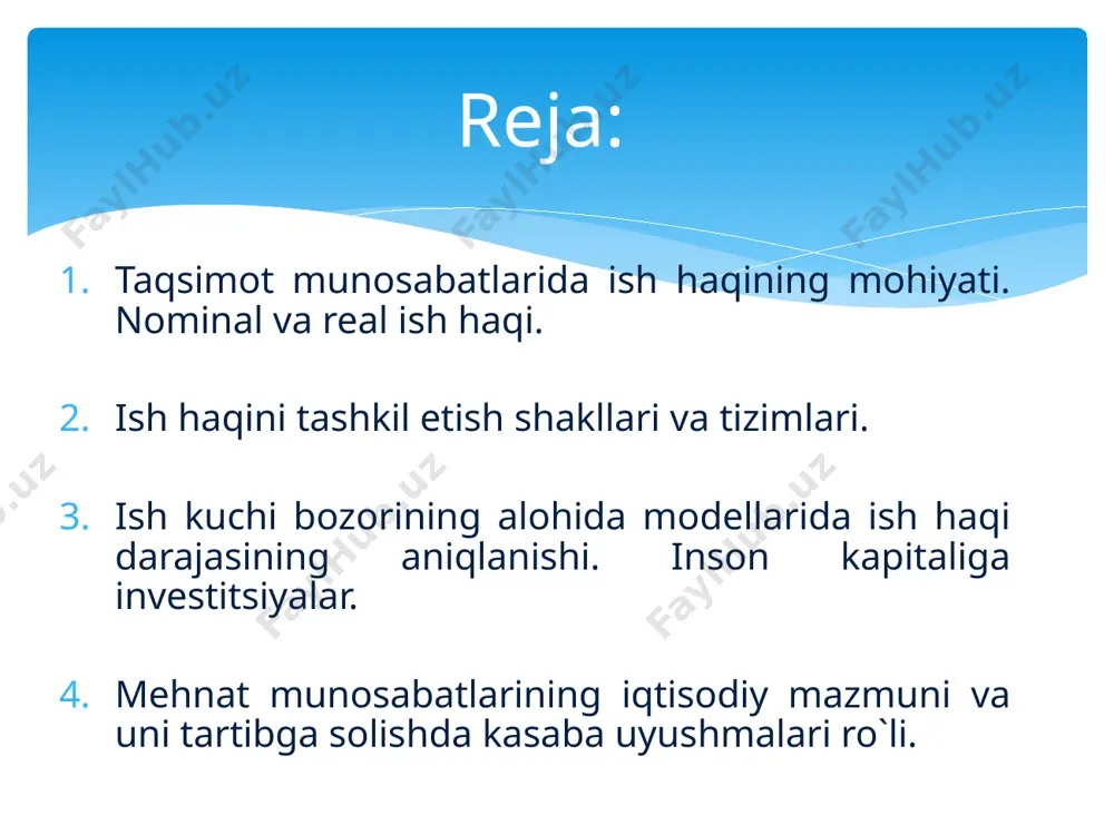 sh haqi ishlab chiqarilgan mahsulot miqdori yoki bajarilgan ishning hajmiga qarab belgilanadi. bunda ish haqi ishning davomiyligiga, ya`ni ishlangan vaqtga qarab to`lanadi. vaqtbay ish haqi qo`llaniladi. mehnatning natijalarini aniq hisoblab bo`lmaydigan sohalarda; mahsulot ishlab chiqarish hajmi bevosita xodimlar mehnatiga bog`liq bo`lmagan, ya`ni texnologik jarayonlarning borishi bilan belgilanadigan sohalarda. masalan, konveyrli va avtomat liniyali ishlab chiqarishda; lavozimdagi yoki aniq xizmat vazifasini bajaruvchilar uchun. masalan, muhandis – texnik xodimlar, turli darajadagi boshqaruvchilar, xizmatchilar va boshqa shu kabilarga ish haqi to`lashda. ishbay ish haqi to`lashda ish haqi miqdori (v) ayrim kasb (mehnat turlari) lar ta`rif stavkasida belgilangan haqini (vts) ishlab chiqarishning me`yorlashtirilgan hajmiga (qm) bo`lish orqali mahsulot birligi ratsenkasi (mrats) aniqlab olinib, keyin u ishlab chiqarishning umumiy hajmi (q)ga ko`paytiriladi: mrats = -------------- v = mrats x q vtc qm ish haqi to`lashning aniq mehnat sharoitlarini hisobga olib, qo`llaniladigan turlari ish haqi tizimini tashkil qiladi. ish bay ish haqi 1. oddiy ish bay …