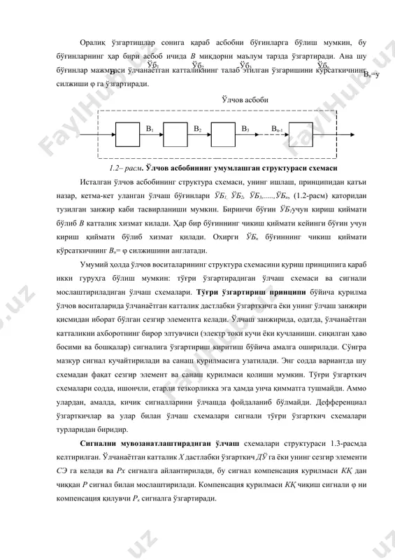 н намуна ўлчов асбоблари ёрдамида бошқа ўлчов асбобларига ўтказилади. ўлчаш воситаларининг кўрсатишларидаги хатоликларни аниқлаш ёки уларнинг кўрсатишларига тузатиш киритиш мақсадида ўлчов воситалари кўрсатишларини намуна ўлчов асбобларининг кўрсатишларига таққослаш деб аталади. шкала асбобни текшириш бўлинмаларига қабул қилинган ўлчов бирликларида ифодаланган қийматлар бериш операцияси даражалаш деб аталади. ўлчаш воситалари ёрдамида ўлчанаётган физик катталиклар ўлчаш ахбороти сигнали фойдаланиладиган бирор чиқиш катталигига ўзгартирилади. физик катталикни ўлчашда ўлчов қурилмаси (асбоби) физик катталикни кўрсаткичнинг мутаносиб силжитади: (1.4) бу ерда, φ — асбоб кўрсаткичининг бурчакли ёки чизиқли силжиши, в — ўлчанаётган физик катталик. (1.4) боғланиш асбоб шкаласининг тенгламаси ёки характеристикаси дейилади. ҳар қандай ўлчов асбобининг иши оқибат натижада ўлчанадиган катталикни кўрсаткичнинг силжишига мослаб ўзгариришга келтирилади. шу сабабли ўлчаш асбобини схематик равишда, ўлчанаётган физик катталик в ни кўрсаткичнинг механик силжиш миқдори φ га ўзгартирадиган ўзгарткич деб қараш мумкин. оралиқ ўзгартишлар сонига қараб асбобни бўғинларга бўлиш мумкин, бу бўғинларнинг ҳар бири асбоб ичида в миқдорни маълум тарзда ўзгартиради. ана …