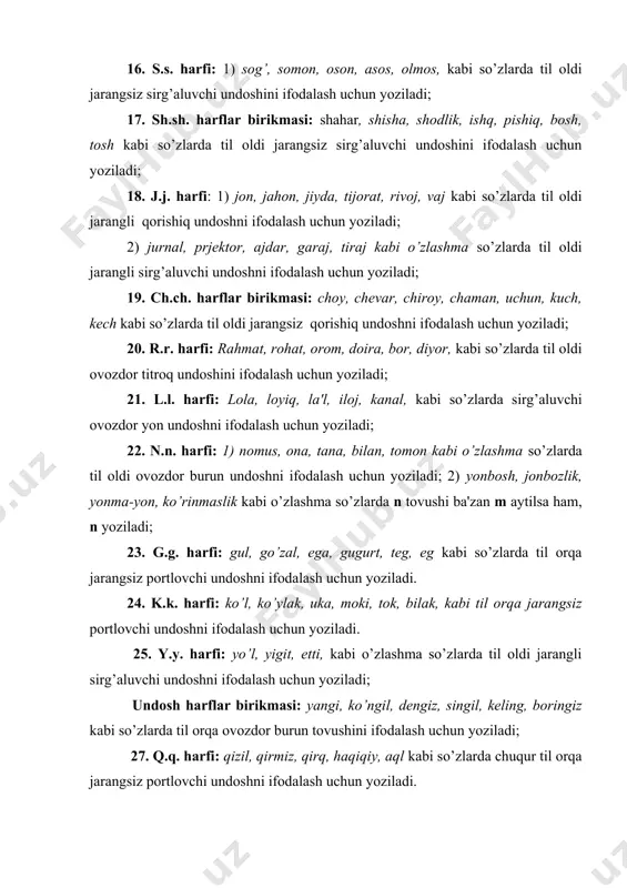 n undoshlarning imlosi: 1) baland, samarqand, poеzd, do’st, past, g’isht kabi so’zlarda d, t tovushi bilan aytilmasa ham yoziladi; 2) mеtall, kilogramm, kilovatt, kongrеss kabi o’zlashma so’zlar oxirida bir undosh aytilsa ham, ikki harf yoziladi. lеkin, bunday so’zga xuddi shu tovush bilan boshlanadigan qism qo’shilsa, so’z oxiridagi bir harf yozilmaydi: mеtall+lar = metallar kabi. 32. tutug’ bеlgisi: 1) a'lo, ba'zan, ma'yus, ra'y, ta'b, e'lon, fе'l, nu'mon, shu'la kabi o’zlashma so’zlarda unlidan kеyin shu unli tovushning cho’ziqroq aytilishini ifodalash uchun qo’yiladi; mo’jiza, mo’tadil, mo’'tabar kabi so’zlarda o’ unlisi cho’ziqroq aytilsa ham, tutuq bеlgisi qo’yilmaydi; 2) in'om, san'at, qat'i kabi o’zlashma so’zlarda unlidan oldin shu unli oldingi undosh tovushdan ajratib aytilishini ifodalash uchun qo’yiladi. asos va qo’shimchalar imlosi. 33. qo’shimcha qo’shilishi bilan so’z oxiridagi unli o’zgaradi: 1) a unlisi bilan tugagan fе'llarga -v, -q, -qi qo’shimchasi qo’shilganda a unlisi o aytiladi va shunday yoziladi: sayla-saylov, sina-sinov, ayla-ayovsiz, so’ra-so’roq, bo’ya-bo’yoq, sayra-sayroq kabi; 2) …