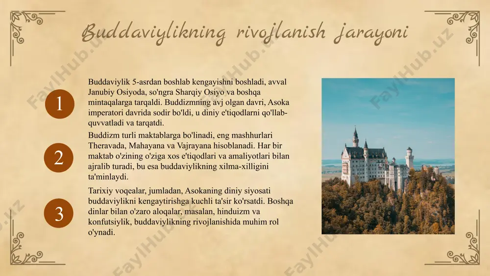 yatlarini o'zgartirishga qaratilgan. buddaviylik va etika masalalari buddaviylik o'zining etik tamoyillari bilan ajralib turadi. bu din insonning ichki tinchligini va axloqiy qadriyatlarni shakllantirishga qaratilgan. buddaviylik zamonaviy etika tushunchalariga ta'sir qiladi, ijtimoiy adolat va tenglik masalalarida ko'zga tashlanadi. o'zbekistonda buddaviylik asosidagi etika ko'rsatmalari inson huquqlarini hurmat qilish, o'zaro yordam va hamjihatlikka qaratilgan. bu masalalar jamiyatda muhim o'rin tutadi va yosh avlodga axloqiy tarbiya berishda ahamiyatlidir. buddaviylik va zamonaviy texnologiyalar buddaviylik raqamli asrda qanday rivojlanmoqda? buddaviylik va zamonaviy texnologiyalar o'rtasidagi aloqalar. ijtimoiy media buddaviylik g'oyalarini baham ko'rish uchun qulay vosita. buddaviylikning tarqalishi texnologiyalar orqali tezlashmoqda. raqamli innovatsiyalar buddaviylik ta'limini kengaytiradi. onlayn platformalar buddaviylikni o'rganish uchun yangi imkoniyatlar yaratadi. buddaviylikning kelajagi, uning rivojlanishi va yangi avlodlari haqida fikr yuritish, ekologik masalalarga oid yondashuvlar va zamonaviy dunyoda buddaviylik ta'limotlarining o'rni haqida batafsil ma'lumot beradi. buddaviylik, insoniyatning muammolariga yechim taklif etuvchi bir din sifatida, kelajakda yanada rivojlanishi kutilmoqda. xulosa buddaviylik, siddhartha gautama tomonidan asos solingan, …