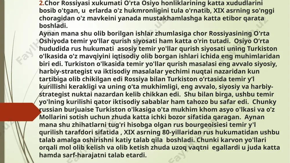 chor xukumatining o'lkadagi mamurlari bukhoro amirligi yerlarida pakhta maydonlarini kengaitirishga ishlashi bilan bir qatorda, barcha harakat ma'murlar bilan hamkor- likda, amirlikda pahta navini yakhshilash buyicha ham tashki-liy ishlar olib borishga katta. etibor qaratishgan. shu bilan birga, ular paxta zkuvchilarni sanoat paxtasining yangi navlarini ekishta majbur etishardi. 1865 yilda paxta maydonlari bukhoro amirligida 32 min desyatnani tashkil etgan bulsa, 1880 yilda - 50 min desyatnaga, 1890 yilda - 62 min. desyatnaga, 1916 yilga kelib esa 115 ming desyatnaga qildi shundai qilib, xix asrning 60-yillaridan har yili buxoroda paxtachilik maydon keskin ortishining chiqishi.452 ayran uskunasi o'zi ham dehkonlarga daromad olib kelgan, chunki buttermilk sotish ortidan har bir tithe maydondan o'rtacha 70 rubldan keyin 80 rublgacha foida olish mumkin bo'lib koldi. vakolanki, ushanda bir ushr yerdan olingan sariyog 'hosili dehqonga o'rtacha hisobda 7—10 rubl aylanardi, ammo ayran sotish ortida turgan sanoatchilar dehkon mehnatiga arzimagan xak twlab, amalda ularning o'z qilib tarmoqlariga zhalb, hayotlarini …