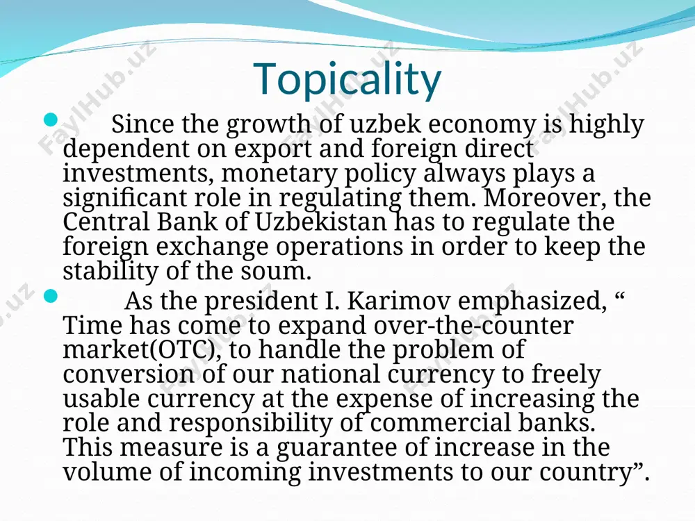 * the government puts restrictions on capital outflows. as the united kingdom has been responding to the economic recession by quantitative easing and interest rates, uzbekistan should have started these a bit earlier. the bottom line is in our country commercial banks have responded to the illiquidity by issuing plastic cards which created another internal corruption or infuriated local people. fortunately, in the current year money supply is increased, which may be called ‘quantitative easing’. better late than never done. in our country, financial markets are not developed so well, which is a bad thing on the one hand. because of this, money circulation will be slower and people’s free money will stay in their hands inefficient. this brings about slow economic growth and sometimes higher inflation. i think financial markets should be developed in our country. this way the velocity of money circulation will accelerate, and therefore the economy …