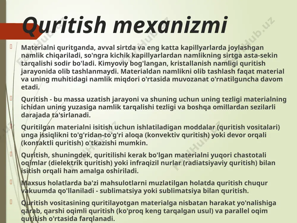 qarshi yoki bir vaqtda beriladi. rasmda quritgich bo'ylab havo oqimi qarama-qarshi oqim bilan ko'rsatilgan, havo esa har bir aravaga o'zaro oqimda kiradi. . tunnelli quritgichlar odatda quritish agentining qisman aylanishi bilan ishlaydi va ko'p miqdorda bo'lakli keramikalarni quritish uchun mo'ljallangan. trolleybuslarni yuklash va tushirish qo'lda amalga oshiriladi; trolleybuslarning turli joylarida joylashgan mahsulotlarni quritish boshqacha davom etadi. quritish jarayonining notekisligi va quritgichning sezilarli o'lchami ko'rib chiqilayotgan dizaynning muhim kamchiliklari hisoblanadi. kamera quritgichi u quritish kamerasi-7, stendlar-2 dan iborat bo'lib, ularning ustiga quritilishi kerak bo'lgan material solingan tovoqlar joylashtiriladi. ramkaga ikkita gorizontal qism-5 o'rnatilgan bo'lib, ular butun kamera bo'shlig'ini quritish vositasi ketma-ket o'tadigan uchta zonaga ajratadi. toza havo ventilyator-3 tomonidan so'riladi, tashqi isitgich-4da oldindan qizdiriladi. havo quritgichning pastki qismiga kirib, ichki isitgich-8da qo'shimcha ravishda isitiladi, o'rta zonadan o'tadi, isitgich-1da yana qizdiriladi va yuqori zonadan o'tadi. quritgichdan havo chiqadigan joyda darvoza-6 mavjud bo'lib, uning yordamida havoning bir qismi toza havo bilan aralashib, tsiklga …