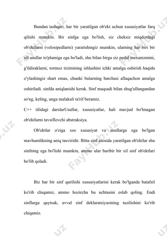 tushiradikun, oy, yil... shaxsiy elementlardagi qiymatlarni ko'rish uchun funksiya e'lon qilinadigetdate ()bu o'zgaruvchilardan qiymatlarni qaytaradikun, oy, yilsana ko'rinishida.bu sinf ta'rifini yakunlaydi, asosiy ()da har doimgidek, biz sinf ob'ektini yaratamiz va ob'ekt orqali biz uning usullarini chaqiramiz, 39 - 41. agar ma'lumotlar elementlari keyin e'lon qilingan bo'lsa. aniqlovchiommaviybiz ularga sinfning metodlari bilan bir xil tarzda murojaat qilishimiz mumkin. dasturning natijasi 2-rasmda ko'rsatilgan. 2-rasm - c ++ tilidagi sinflar sinf-struktura tushunchasi kengaytmasi sifatida. sinflarni eng sodda holda quyidagicha tasvirlash mumkin: sinf-kaliti sinf-soni {komponentalar ro‘yxati} sinf komponentalari sodda holda tiplangan ma’lumotlar va funksiyalardan iborat bo‘ladi. figurali kavslarga olingan komponentalar ro‘yxati sinf tanasi deb ataladi. sinfga tegishli funksiyalar komponenta-funksiyalar yoki sinf funksiyalari deb ataladi. sinf kaliti sifatida struct xizmatchi so‘zi ishlatilishi mumkin. masalan quyidagi konstruksiya kompleks son sinfini kiritadi. struct complex { double real; double imag; void define (double re=0.0, double im=0.0) { real=re; imag=im; } void display (void) { cout using namespace std; …