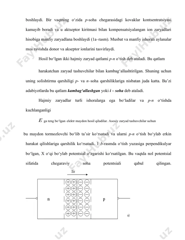 zgarmaydi. i0 kattaligi shu sababli teskari ulangan p-n o‘tishning to‘yinish toki deb ham ataladi. 3. p-n o‘tishning to‘yinish tok teskari tok to‘g‘ri tokka nisbatan bir necha darajaga kichik, ya’ni p-n o‘tish to‘g‘ri yo‘nalishda tokni yaxshi o‘tkazadi, teskari yo‘nalishda esa yomon. a) b) 2- rasm demak, p-n o‘tish to‘g‘rilovchi harakat bilan xarakterlanadi va uni o‘zgaruvchi tokni to‘g‘rilashda qo‘llashga imkon beradi. eksponentsial tashkil etuvchi equ0 / kt temperatura ortishi bilan kamayishiga qaramay vax to‘g‘ri shaxobchasidagi qiyalik ortadi (2. b-rasm). bu hodisa i0ni temperaturaga kuchli to‘g‘ri bog‘liqligi bilan tushuntiriladi. to‘g‘ri kuchlanish berilganda temperatura ortishi bilan tok ortishiga olib keladi. amaliyotda p-n o‘tish vaxga temperaturaning bog‘liqligi kuchlanishning temperatura koeffitsienti (ktk) deb ataladigan kattalik bilan baholanadi. ktkni aniqlash uchun temperaturani o‘zgartirib borib, o‘zgarmas tokdagi p-n o‘tish kuchlanishini o‘zgarishi o‘lchab boriladi. odatda ktk manfiy ishoraga ega, ya’ni temperatura ortishi bilan o‘tishdagi kuchlanish kamayadi. kremniydan yasalgan p-n o‘tish uchun ktk 3 mv/grad darajani tashkil etadi. (1) ifoda …