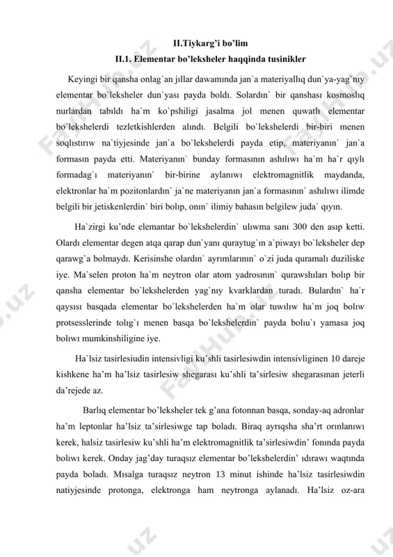 ag’a ten’. eksp -sek -bo’lekshe radioaktiv bo’lekshe -ıdırawda jupliqtin’ saqlanıw nızamının’ orınlanbaytug’ınlıg’ın 1957-jılı bu ta’repinen da’lillengen. ol to’mendegishe ta’jiriybe islegen. -ıdırawshı yadronı to’men temperaturada uslap magnit maydanı ta’repinen yadronın’ spinlerin polyarizatsiyalaydı. egerde –ıdırawda jupliqtin’ saqlanıw nızamı orınlanatug’ın bolsa, onda yadronın’ spinnin’ bag’ıtında, -ıdırawda payda bolg’an elektronlardın’ ushıwı ko’p bolıwı kerek. al, ta’jiriybe kerisin ko’rsetedi yag’nıy qarama-qarsı bag’ıtta elektronlardın’ ushıwının’ ko’p ekenligin ko’rsetedi. bul chetnostın’ saqlanıw nızamının’ orınlanbaytug’ınlıg’ın da’lilleydi. ıdıraw protsessinde to’mendegishe al –mezonnın’ zatlar menen ta’sirlesiuindegi kese-kesiminin’ shaması sm2 ten’. -mezonnın’ ıdıraw sxeması; ol -mezon -mezonnın’ ıdırawınan payda boladı. ma’selen mezon fotoplastinkada to’mendegishe jol jyrdi deyik onın’ jasaw dawiri s. mezong’a aylanadı. i̇mpuls boladı. mezon plastinkada jasawın tawısqanda o’zinin’ da’slepki bag’ıtın esleydi, al neytrinonnın’ bag’ıtı keri ketedi, pozitron to’men ketedi. ıdıraw protsessinde de chestosttın’ saqlanıw protsessi orınlanbaydı. bul pozitronnın’ ushıw sanı, myieshke baylanıslı ekenin ko’rsetedi. 1950-jıllardın’ aqırında elementar bo’leksheler izertlewdin’ jan’a fotoimultsiyalıq metodı payda boldı. ol birinshi ma’rte sovet fizikleri …