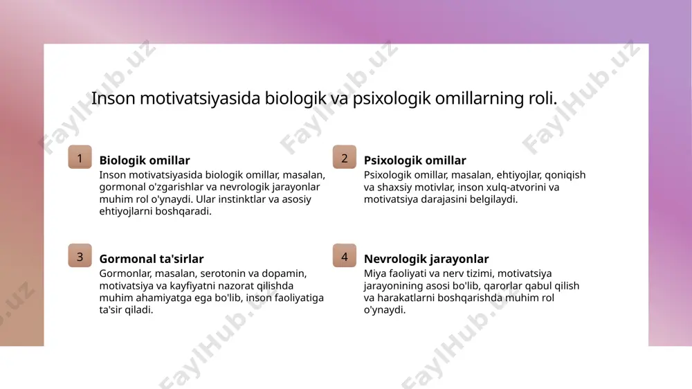 va maqsadga erishish istagidan paydo bo‘ladi. bu motivatsiya ko‘proq ruhiy va emotsional omillarga bog‘liq. tashqi motivatsiya tashqi motivatsiya tashqi omillar, masalan, maosh, maqtov yoki mukofotlar bilan bog‘liq bo‘lib, insonni tashqi motivlar uchun harakat qilishga undaydi. bu motivatsiya ko‘pincha qisqa muddatli bo‘ladi. sabablarga qarash ichki motivatsiya odatda shaxsiy qiziqish va maqsadga erishish istagidan, tashqi motivatsiya esa tashqi ta’sirlar va rag‘batlantirishlardan kelib chiqadi. har ikkalasi ham xulq-atvorni belgilaydi. amaliy misol o‘quvchi o‘z qiziqishiga ko‘ra yangi narsalar o‘rganishni istaydi (ichki motivatsiya), yoki muvaffaqiyat uchun sovrin yoki tazim olish uchun o‘qiydi (tashqi motivatsiya). xulosa psixologik nazariyalar va motivatsiya asoslari ushbu nazariyalar inson motivatsiyasini tushunishda asosiy tushunchalarni taqdim etadi. ular xulq-atvor va harakatlarning psixologik mexanizmlarini o‘rganadi. biologik va psixologik omillar roli motivatsiyada biologik va psixologik omillar muhim, ular gormonal va nevrologik jarayonlar orqali inson faoliyatini, kayfiyatini va xulq-atvorini boshqaradi. ichki va tashqi motivatsiya farqlari ichki motivatsiya shaxsiy qoniqish va maqsadga intilishdan kelib chiqadi, tashqi motivatsiya …