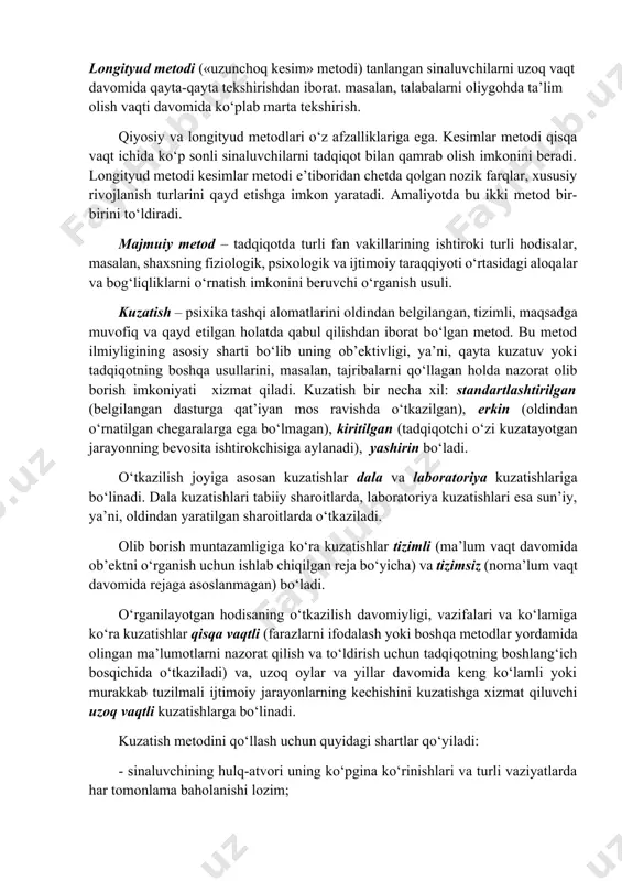 kki metod bir-birini to‘ldiradi. majmuiy metod – tadqiqotda turli fan vakillarining ishtiroki turli hodisalar, masalan, shaxsning fiziologik, psixologik va ijtimoiy taraqqiyoti o‘rtasidagi aloqalar va bog‘liqliklarni o‘rnatish imkonini beruvchi o‘rganish usuli. kuzatish – psixika tashqi alomatlarini oldindan belgilangan, tizimli, maqsadga muvofiq va qayd etilgan holatda qabul qilishdan iborat bo‘lgan metod. bu metod ilmiyligining asosiy sharti bo‘lib uning ob’ektivligi, ya’ni, qayta kuzatuv yoki tadqiqotning boshqa usullarini, masalan, tajribalarni qo‘llagan holda nazorat olib borish imkoniyati xizmat qiladi. kuzatish bir necha xil: standartlashtirilgan (belgilangan dasturga qat’iyan mos ravishda o‘tkazilgan), erkin (oldindan o‘rnatilgan chegaralarga ega bo‘lmagan), kiritilgan (tadqiqotchi o‘zi kuzatayotgan jarayonning bevosita ishtirokchisiga aylanadi), yashirin bo‘ladi. o‘tkazilish joyiga asosan kuzatishlar dala va laboratoriya kuzatishlariga bo‘linadi. dala kuzatishlari tabiiy sharoitlarda, laboratoriya kuzatishlari esa sun’iy, ya’ni, oldindan yaratilgan sharoitlarda o‘tkaziladi. olib borish muntazamligiga ko‘ra kuzatishlar tizimli (ma’lum vaqt davomida ob’ektni o‘rganish uchun ishlab chiqilgan reja bo‘yicha) va tizimsiz (noma’lum vaqt davomida rejaga asoslanmagan) bo‘ladi. o‘rganilayotgan hodisaning o‘tkazilish …