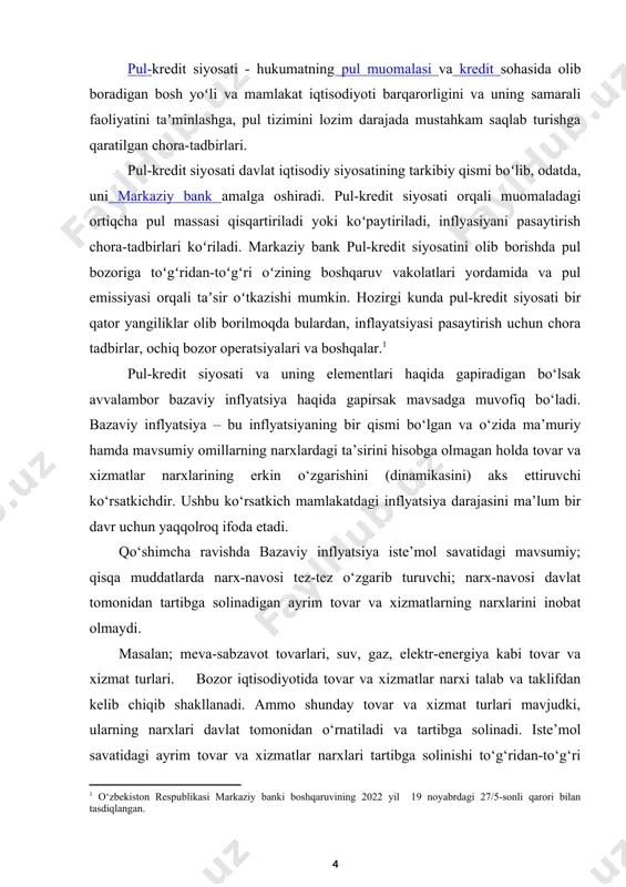 ridan-toʻgʻri oʻzining boshqaruv vakolatlari yordamida va pul emissiyasi orqali taʼsir oʻtkazishi mumkin. hozirgi kunda pul-kredit siyosati bir qator yangiliklar olib borilmoqda bulardan, inflayatsiyasi pasaytirish uchun chora tadbirlar, ochiq bozor operatsiyalari va boshqalar. pul-kredit siyosati va uning elementlari haqida gapiradigan bо‘lsak avvalambor bazaviy inflyatsiya haqida gapirsak mavsadga muvofiq bо‘ladi. bazaviy inflyatsiya – bu inflyatsiyaning bir qismi bо‘lgan va о‘zida ma’muriy hamda mavsumiy omillarning narxlardagi ta’sirini hisobga olmagan holda tovar va xizmatlar narxlarining erkin о‘zgarishini (dinamikasini) aks ettiruvchi kо‘rsatkichdir. ushbu kо‘rsatkich mamlakatdagi inflyatsiya darajasini ma’lum bir davr uchun yaqqolroq ifoda etadi. qо‘shimcha ravishda bazaviy inflyatsiya iste’mol savatidagi mavsumiy; qisqa muddatlarda narx-navosi tez-tez о‘zgarib turuvchi; narx-navosi davlat tomonidan tartibga solinadigan ayrim tovar va xizmatlarning narxlarini inobat olmaydi. masalan; meva-sabzavot tovarlari, suv, gaz, elektr-energiya kabi tovar va xizmat turlari. bozor iqtisodiyotida tovar va xizmatlar narxi talab va taklifdan kelib chiqib shakllanadi. ammo shunday tovar va xizmat turlari mavjudki, ularning narxlari davlat tomonidan о‘rnatiladi va …