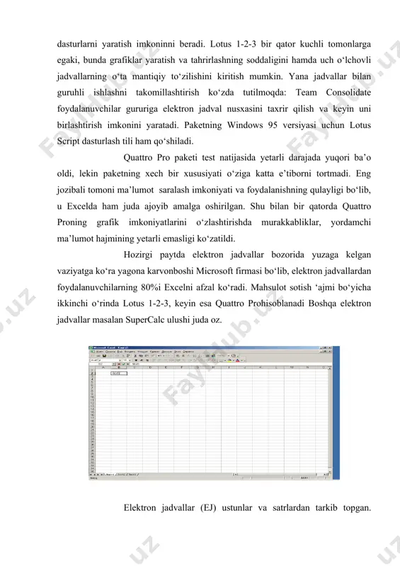 urdagi hujjatlarni, masalan, elektron jadvalli varaq, diagramma varai, макросlar varai va h.k.larni joylash mumkin. elektron jadvallarda alohida yacheyka bilan ishlabgina qolmay, bir blokka birikkan bir guruh yacheykalar bilan ham ishlash mumkin. blokda yacheyka nomlari ikki nuqta (:) bilan ajratiladi, masalan, a1:v4 blokning o‘zi a1,a2,a3,a4,v1,v2,v3,v4 yacheykalarni qamrab oladi. yacheykalar bloki bilan asosan nusxalash, ko‘chirish, o‘chirish, qo‘shib-qo‘yish va h.k. amallari bajariladi. savollar va topshiriqlar 1. excel dasturi nima va nima uchun ishlab chiqilgan? 2. excel da ma'lumotlar qanday ko‘rinishda yoziladi? 3. elеktron jadvallar yachеykalari nеcha hil bo‘ladi? 5. excel ning asosiy ish ob'еkti nima? 6. ishchi kitob nima va u nimalarni o‘z ichiga oladi? 7. excel dasturini ishga tushirish usullarini aytib bеring. foydalanilgan adabiyotlar: 1. ahmedov a.,taylaqov n. informatika. akademik litsey va kasb-hunar kollejlar uchun darslik. — t.: o‘zbekiston, 2002. 2. «informatika va hisoblash texnikasi asoslari» t.x.holmatov, n.i.tayloqov. “o‘zbekiston milliy ensiklopediyasi” davlat ilmiy nashryoti 2001 y. 3. «informatika va axborot texnologiyalar» a.sattorov. …
