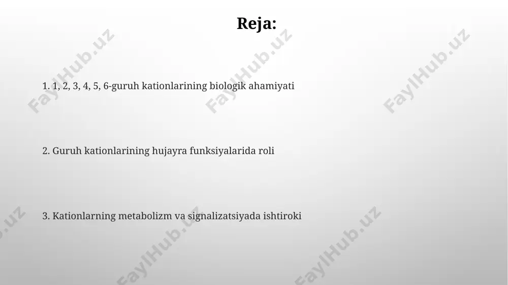 tirok etib, asab impulslarining uzatilishi va mushaklarning qisqarishi kabi jarayonlarni boshqaradi. 4-guruh kationlari, xususan ca²⁺ va mg²⁺, suyaklar va tishlarning mineralizatsiyasida muhim rol o'ynaydi, ularning yetishmasligi osteoporozni keltirib chiqarishi mumkin. magniy (mg²⁺) ning roli magniy mushaklarning qisqarishi va asab impulslarining uzatilishi uchun zarur boʻlib, hujayra ichidagi ion konsentratsiyasini tartibga solishda muhim rol oʻynaydi. magniy (mg²⁺) 600 dan ortiq fermentlarning, jumladan, dnk va rnk polimeraza kabi muhim fermentlarning kofaktori sifatida ishlashi orqali metabolik reaksiyalarni katalizlaydi. 6-guruh kationlarining biologik ahamiyati magniy (mg²⁺) ionlari 300 dan ortiq fermentlarning kofaktori sifatida ishlaydi va dnk replikatsiyasi, oqsil sintezi kabi muhim metabolik jarayonlarda ishtirok etadi, ularning roli juda katta. 6-guruh kationlari, xususan kaltsiy (ca²⁺) va magniy (mg²⁺) ionlari, suyaklar va tishlarning tuzilishi va mustahkamligi uchun muhimdir, ularning yetishmasligi osteoporoz kabi kasalliklarga olib kelishi mumkin. natriy (na⁺) ning roli natriyning toʻgʻri miqdori qon bosimini tartibga solishda muhim rol oʻynaydi; uning etishmasligi yoki ortiqcha boʻlishi gipertenziya yoki gipotemziyaga …