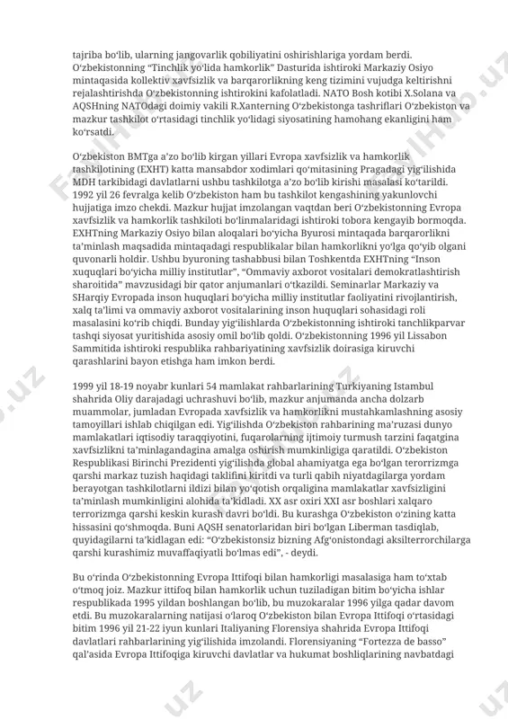 ekanligini ham ko‘rsatib o‘tdi. ushbu yig‘ilishda orol dengizi qurishi bilan bog‘liq bo‘lgan global muammo ham ko‘tarildi. prezident i.a.karimov “orol dengizining qurishi bilan bog‘liq ekologik fojea, butun er yuzini qamrab oladigan biosfera, o‘nlab million kishilarning hayot sharoitlari, salomatligi, nasliga halokatli ta’sir ko‘rsatuvchi global muammo” ekanligini ko‘rsatib, bugungi kunda bmtning tashkilotchilik faoliyatisiz bu muammoni hal etish mumkin emasligini ham asoslab berdi. 1995 yil 16 sentyabrda toshkentda bmtning markaziy osiyoda xavfsizlik va hamkorlik masalalariga bag‘ishlangan seminar-kengashi ish boshladi. dunyoning ko‘p davlatlari ishtirok etgan bu seminarda o‘zbekiston rahbarining so‘zlagan nutqi bosh hujjat sifatida qabul qilindi. xalqaro munosabatlar ravnaqi mamlakatimizda xavfsizlik va barqarorlikning, aholi turmush darajasini yuksaltirishning o‘ziga xos kafolati ekanligi hech kimga sir emas. shu bois ham o‘zbekiston rahbariyatining tashqi siyosatda mintaqaviy barqarorlikni saqlab qolish maqsadida ilgari surgan tashabbuslari ko‘pgina davlatlar va bmt tomonidan doimo tasdiqlanib kelindi. bmt bosh assambleyasining sessiyalarida, evropada xavfsizlik va hamkorlik tashkiloti sammitidagi yig‘ilishlarda o‘zbekiston prezidentining kiritgan aniq tashabbuslari, mintaqa …