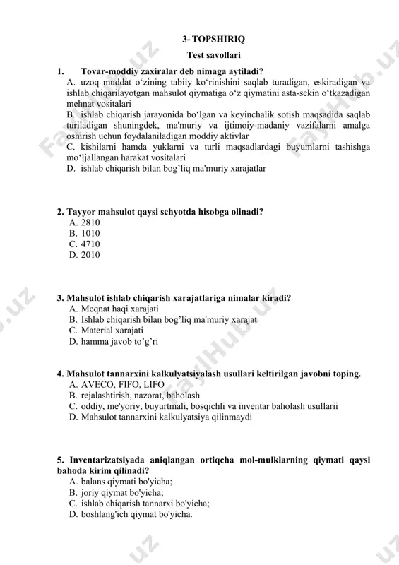 chiqarish bilan bog’liq ma'muriy xarajat c. matеrial xarajati d. hamma javob to’g’ri answer: d 4. mahsulоt tannarхini kalkulyatsiyalash usullari keltirilgan javobni toping. a. aveco, fifo, lifo b. rejalashtirish, nazorat, baholash c. oddiy, me'yoriy, buyurtmali, bosqichli va inventar baholash usullarii d. mahsulоt tannarхini kalkulyatsiya qilinmaydi answer: c 5. inventarizatsiyada aniqlangan ortiqcha mol-mulklarning qiymati qaysi bahoda kirim qilinadi? a. balans qiymati bo'yicha; b. joriy qiymat bo'yicha; c. ishlab chiqarish tannarxi bo'yicha; d. boshlang'ich qiymat bo'yicha. answer: b 6. inflyatsiya paytida matеriallarni sotib olishda qaysi baholash usulidan foydalanish foyda summasini to`g`riroq hisoblashga olib kеladi? a. fifo b. lifo c. o`rtacha aniqlangan tannarx d. ulgurji baxo answer: a 7. haridor va buyurtmachilarga jo’natiladigan tayyor mahsulotlar uchun schyot bеrilganda qanday buxgaltеriya provodkasi bеriladi? a. dt- 4010 kt- 9010 b. dt- 9010 kt- 4010 c. dt- 6010 kt- 9010 d. dt- 6310 kt- 9010 answer: a 8. invеntarizatsiya natijasida xom–ashyolar ortiqcha chiqqanda qanday buxgaltеriya provodkasi bеriladi? …