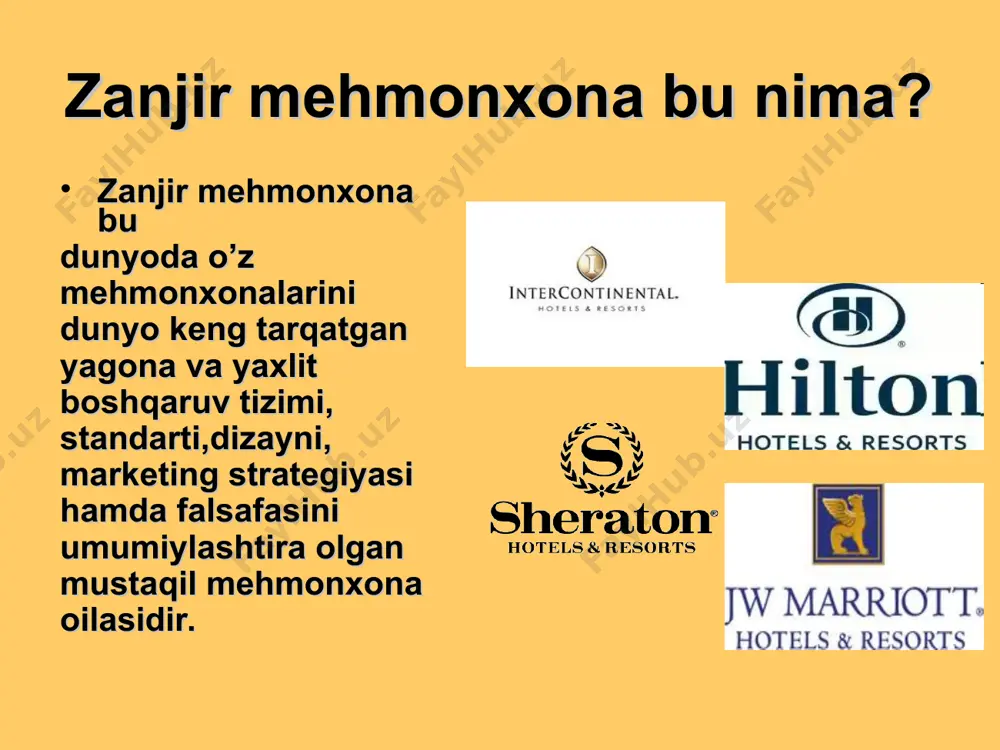 hotels and resorts * sheraton the luxury collection – itt sheraton tomonidan 1994 yil ciga (compagnia italiana grandi alberghi, yoki italian grand mehmonxonas company) italiya mehmonxona zanjirini sotib olinishidan keyin vujudga keldi.starwood hotels and resorts worldwide kompaniyasi sheratonni sotib olgandan keyin bu brenddagi mehmonxonalar katta e’tibor berishni boshladi. bu brenddagi mehmonxonalar oldingi faoliyati vaqtidagi belgisi st.mark avliyosining 4 ta oti edi. hozirgi kunda har bir mehmonxona o’zi xohlagan belgini ishlatish huquqiga ega bo’ldi. mehmonxona zanjirlari tarkibiga kiruvchi mehmonxonalarning xonalar soni sheraton hotels and resorts sheraton hotels and resorts dunyo bo’ylab 400dan ortiq mehmonxoanlarini taxminan 70 mamlakatda joylashtirgan. 400 mehmonxonasidan 60tasi kurort mehmonxonalardir. faoliyati 1937 ernest henderson va robert moore stonehaven mehmonxonasini egalik qilishlari bilan boshlanadi. oliy turdagi xizmat ko’rsatishni taklif etadi. * sheraton hotels and resorts * sheraton hotels and resorts * sheraton hotels and resorts * sheraton hotels - tashkent * xulosa bir mehmonxonani o’z xususiyatlari, falsafasi, siyosati, marketing …