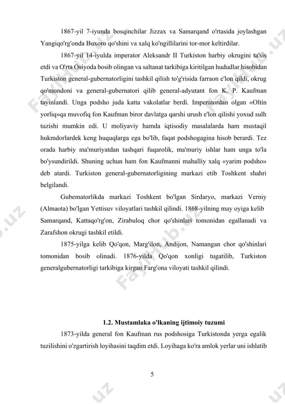 tabrda esa jizzaxni bosib oldi. jizzax uchun jangda 2 mingga yaqin vatanparvarlar shahid bo'ldilar. 1867-yil 7-iyunda bosqinchilar jizzax va samarqand o'rtasida joylashgan yangiqo'rg'onda buxoro qo'shini va xalq ko'ngillilarini tor-mor keltirdilar. 1867-yil 14-iyulda imperator aleksandr ii turkiston harbiy okrugini ta'sis etdi va o'rta osiyoda bosib olingan va saltanat tarkibiga kiritilgan hududlar hisobidan turkiston general-gubernatorligini tashkil qilish to'g'risida farraon e'lon qildi, okrug qo'mondoni va general-gubernatori qilib general-adyutant fon k. p. kaufman tayinlandi. unga podsho juda katta vakolatlar berdi. imperatordan olgan «oltin yorliq»qa muvofiq fon kaufman biror davlatga qarshi urush e'lon qilishi yoxud sulh tuzishi mumkin edi. u moliyaviy hamda iqtisodiy masalalarda ham mustaqil hukmdorlardek keng huquqlarga ega bo'lib, faqat podshogagina hisob berardi. tez orada harbiy ma'muriyatdan tashqari fuqarolik, ma'muriy ishlar ham unga to'la bo'ysundirildi. shuning uchun ham fon kaufmanni mahalliy xalq «yarim podsho» deb atardi. turkiston general-gubernatorligining markazi etib toshkent shahri belgilandi. gubematorlikda markazi toshkent bo'lgan sirdaryo, markazi verniy (almaota) bo'lgan yettisuv …