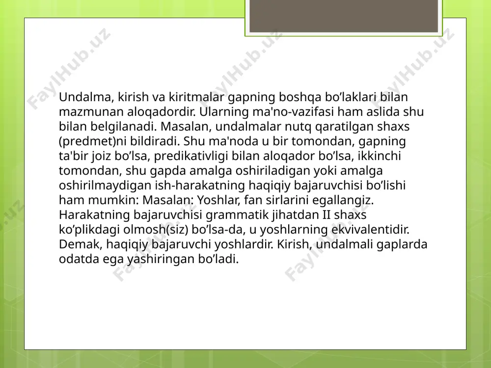 v bilan undalmaning orasiga vergul qo'yiladi. masalan: xoy, jamila, nega bular radioni gapirtira oladi-yu, sen bilmaysan? gap bo‘laklari bilan sintaktik bog‘lanmagan, gap bo‘lagi vazifasida bo‘lmagan, gapning ayrim bo‘laklari yoki butun gapning mazmuniga so‘zlovchining turlicha munosabatini ifodalovchi so‘z . kirish so‘z barcha uslubda uchraydi, qolgan nutqlarga qaraganda badiiy, publitsistik nutqda ko‘proq qo‘llaniladi, so‘zlashuv nutqida badiiy va publitsistik nutqlarga qaraganda biroz kamroq, ilmiy va rasmiy uslubda esa kam uchraydi. ammo shunga qaramay har qaysi nutqda kirish so‘z matn mazmuniga qo‘shimcha ma’no – ishonch (albatta), gumon (shekilli), quvonch (hayriyat), fikr xulosalash (xullas), fikr tartibi (birinchidan) – berish uchun xizmat qiladi. masalan: zokir ota, shubhasiz, juda tajribali paxtakor (publitsistik nutq); hayriyatki, yana ko‘rishishga muyassar bo‘ldik (badiiy nutq); xususan, kesim modallikni namoyon qilishi bilan ajralib turadi (ilmiy nutq); jumladan, mazkur qaror ijrosi vazirlar mahkamasi huzuridagi atamashunoslik qo‘mitasiga yuklatilsin (rasmiy nutq); xullas, bu qilig‘ing bo‘lmadi (so‘zlashuv nutqi). tilimizdagi kirishlar deb umumlashtiriladigan birliklar juda katta uslubiy, ekspressiv- …