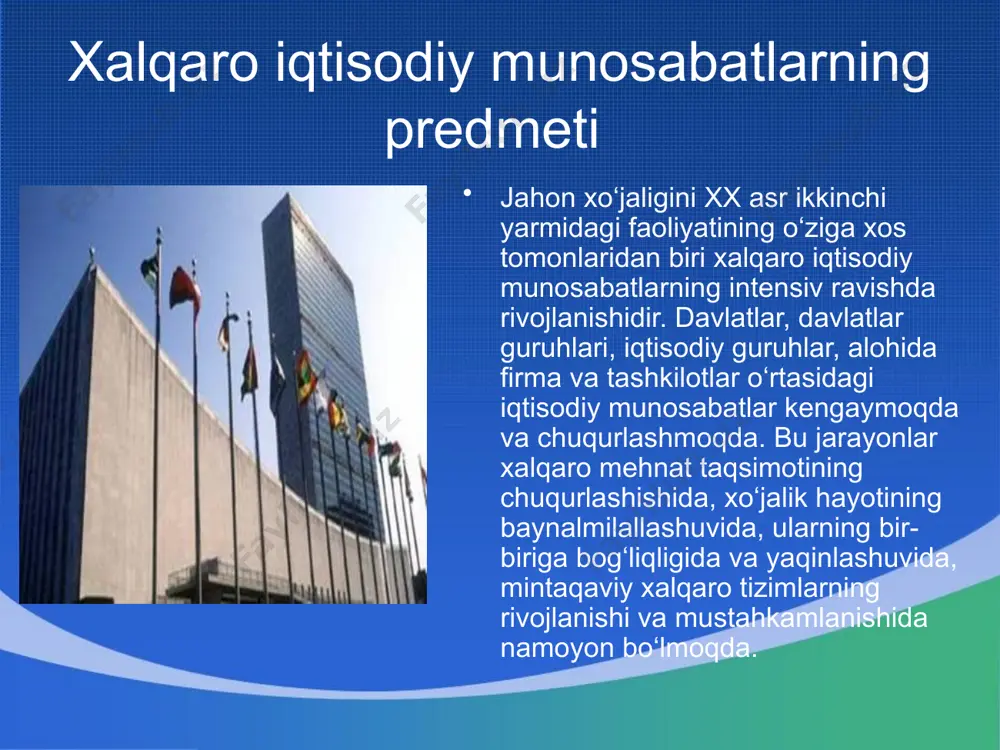 da. sanoatni, agrosanoat majmuini, xalqaro transport kommunikatsiyasini yaratish va transport aloqalarini rivojlantirishda rejalashtirish ishlari umumiy asosda tashkil qilinmoqda. orol dengizining taqdiri regionda vujudga kelgan keskin vaziyatni barqarorlashtirish ham modda umumiylik asosida o’z yechimini topmoqda. modning bir-birlari bilan yaqin qo’shnichilik, qon-qarindoshlikka tayangan diplomatik munosabatlar o’rnatish, iqtisodiy, savdo-sotiq, texnikaviy, madaniy aloqalarni yo’lga qo’yish, yirik sanoat va yo’l qurilishlarini amalga oshirishdagi hamkorligi davrimiz taqozosiga aylangan. ikkinchidan esa, markaziy osiyo davlatlarining jahonning rivojlangan mamlakatlari bilan bevosita aloqa o’rnatish, ularning texnika vositalaridan, ishbilarmon mutaxassis kadrlaridan foydalanish modda iqtisodiyotni rivojlantirishning yangi asoslarga qurilgan muhim poydevordir. markaziy osiyo hamkorligi tashkiloti davlatlararo mintaqaviy iqtisodiy tashkilot. 1993 y. iyul oyida o`zbekiston respublikasi bilan qozog`iston respublikasi o`rtasida 1994—2000 y.larda iqtisodiy integratsiyani chuqurlashtirish to`g`risida bitim imzolandi. integratsiya jarayonlariga sharoitlar yaratish maqsadlarida 1994 y. 10 yanvarda o`zbekiston va qozog`iston o`rtasida yagona iqtisodiy makon tashkil etish to`g`risida shartnoma tuzildi. image2.jpeg image3.jpeg image4.jpeg image5.jpeg image6.jpeg image7.jpeg image8.jpeg image9.jpeg image1.jpeg /docprops/thumbnail.jpeg