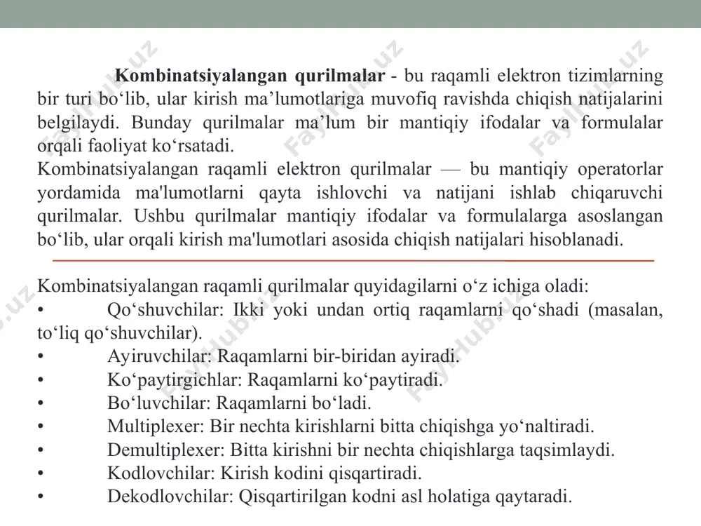 alashda yordam beradi. xulosa kombinatsiyalangan qurilmalar, ko‘plab visual tizimlar va kompyuter arxitekturalarida muhim rol o‘ynaydi va ularning mantiqiy ifodalari va formulalari naqshlarni aniqlashda yordam beradi. kombinatsiyalangan raqamli elektron qurilmalar mantiqiy ifodalar va formulalar yordamida ishlaydi. ular kirish ma’lumotlarini qabul qilib, mantiqiy operatsiyalarni bajarish orqali chiqish natijalarini hosil qiladi. bunday qurilmalar raqamli texnologiyalar va kompyuter arxitekturasining asosi hisoblanadi. raqamli elektron qurilmalar (req)da birlamchi analog signal ham vaqt bo‘yicha, ham kattaligi bo‘yicha kvantlanadi. kvantlanish natijasida signal yuqorida aytib o‘tilgan parametrlarning biri bo‘yicha bir-biridan farq qiladigan impulslar ketma-ketligi ko‘rinishida ifodalanadi. demak, ixtiyoriy kvantlangan signal bir necha elementar signal- lardan tuzilgan shartli kombinatsiyalar ko‘rinishida (masalan, morze kodidagi nuqta, tire va pauza) ifodalanishi mumkin ekan. kvantlangan signalning bunday ifodalanishi kodlash deb ataladi. kodlash turli ma’lumotlar (harflar, tovushlar, ranglar, komandalar va boshqalar)ni ma’lum standart shaklda, masalan, ikkilik simvollari ko‘rinishida ifodalash imkonini beradi. real qiymatlarga mos keluvchi fizik kattaliklarni - kodlarni shakllantirish, o‘zgartirish va uzatish uchun raqamli …