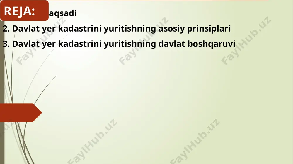 birligi; er kadastriga doir axborotlarning to‘g‘ri bo‘lishi. 5-modda. davlat yer kadastrini yuritish sohasidagi davlat boshqaruvi davlat yer kadastrini yuritish sohasidagi davlat boshqaruvini o‘zbekiston respublikasi vazirlar mahkamasi, davlat hokimiyati mahalliy organlari va maxsus vakolatli davlat boshqaruvi organi amalga oshiradi. o‘zbekiston respublikasi davlat soliq qo‘mitasi huzuridagi kadastr agentligi davlat yer kadastrini yuritish sohasidagi maxsus vakolatli davlat boshqaruvi organi hisoblanadi. 6-modda. o‘zbekiston respublikasi vazirlar mahkamasining davlat yer kadastrini yuritish sohasidagi vakolatlari davlat yer kadastrini yuritish sohasida quyidagilar o‘zbekiston respublikasi vazirlar mahkamasining vakolatlariga kiradi: yer resurslaridan oqilona foydalanishga qaratilgan yagona davlat siyosatini ishlab chiqish; moliyalash va investitsiyalash sohasidagi ustuvor yo‘nalishlarni belgilash va masalalarni hal etish; yer resurslarining holati to‘g‘risidagi har yilgi milliy hisobotni tasdiqlash; yer uchastkalariga bo‘lgan huquqlarni va yer uchastkalariga oid bitimlarni davlat ro‘yxatiga olish tartibini belgilash; demak, biz yerlar, bino va inshootlar, boshqa kadastr ob’ektlarining haqiqiy hisobini bilishimiz uchun kadastr va soliq idoralarining resurslarini birlashtirishimiz kerak, ularning axborot tizimlarini integrasiya qilishimiz kerak, …