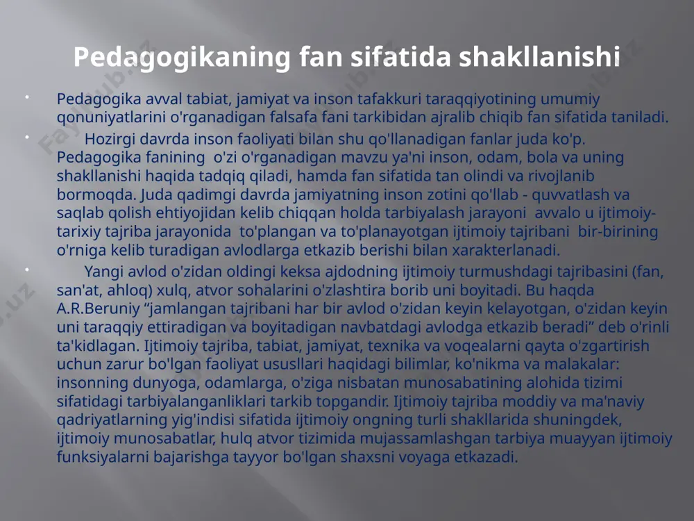 lan uzviy bog’langandir. falsafa fani esa pedagogika fani uchun metodologik asos bo’lib xizmat qiladi. chunki, hozirgi ta‘lim-tarbiya nazariyasi yutuqlari falsafiy fikrlar kurashi va taraqqiyotining mahsulidir. falsafa pedagogikani ilmiy usullar bilan qurollantiradi, ta‘lim va tarbiyaning ob‘ektiv qonun-qoidalarini ishlab chiqishga manba bo’ladi. umuman, pedagogika fani o'z oldidagi maqsad va vazifalarni hal etishda boshqa fanlar yutuqlaridan foydalanmasdan ish olib borish mumkin emas degan xulosaga kelish mumkin. etiboringiz uchun rahmat /docprops/thumbnail.jpeg