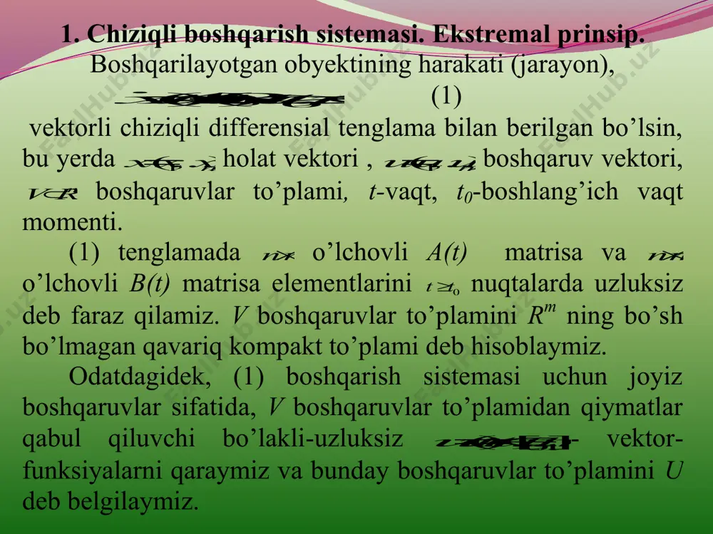 undamental matrisasidan iborat, ya’ni nntf ),( - o’lchovli matrisa bo’lib, uning i- ustuni (4) tenglamaning i ex)( (e i -e birlik matrisaning i- ustuni) boshlang’ich shartni qanoatlantiruvchi ),(tx i yechimidan iborat. (3) formulaga ko’ra , ),,,()( 0 xutxtx trayektoriyaning t=t 1 vaqt momentiga mos nuqtasi,   1 0 ,)()(),(),()( 1 0 011 t t dttutbttfxttftx (5) ko’rinishda bo’ladi. barcha utu)( boshqaruvlarga mos (5) ko’rinishdagi nuqtalarni qaraymiz. ular r n da qandaydir q(t 1 ) to’plamni hosil qiladi. shu to’plamni (1),(2) boshqarish sistemasining t 1 vaqt momentidagi erishish to’plami deb ataymiz. demak, ta’rifga ko’ra,   1 0 } )(,())(),(),(:{)( 1 0 011 t t n utudtutbttfxttfxrxtq . q(t 1 ) to’plam elementlarinig (5) ko’rinishda ifodalanishidan va v boshqaruvlar to’plamining qavariq kompaktligidan, q(t 1 ) to’plamning ham chegar alangan qavariq to’plam ekanligi kelib chiqadi. endi q(t 1 ) to’plamning yopiqligini ta’minlovchi shartni keltiramiz. bu shart (1) sistemaning regulyarlik xossalari orqali …