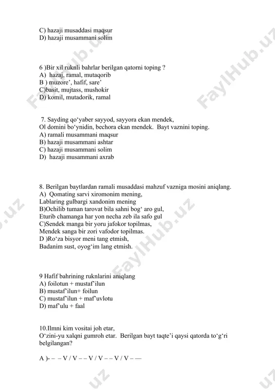 11.mujtassi musammani maxbuni maqtu’ vaznida yozilgan baytni toping. a) unutti bir yo‘li ul yori bevafo bizni, firoqi dardi bila qildi mubtalo bizni. b) vahki chamandin yana esti shamol o‘zgacha, har dam o‘lub atridin ko‘ngluma hol o‘zgacha c) mehr ko‘p ko‘rguzdim, ammo mehribone topmadim, jon base qildim fido, oromi jone topmadim d)sen o‘z xulqingni tuzgil, bo‘lma el axloqidin xursand, kishiga chun kishi farzandi hargiz bo‘lmadi farzand. 12. “mutalavvun” so‘zining lug‘aviy ma’nosi nima? a) o‘zgaruvchi, rang-barang b ) uzun c) cho‘ziq d )ikkilik 13 hazaji musaddasi maqsur ruknlari qaysi qatorda to‘g‘ri berilgan? a)maf’ulu/mafoilun/mafoiyl b) maf’ulu/mafoilun/mafoiylun c) mafoiylun/mafoiylun/fauvlun d)mafoiylun/mafoiylun/mafoiyl 14. keldi ochilur chog‘i, o‘zligin namoyon qil, parchalab kishanlarni har tomon parishon qil. ushbu bayt vaznini aniqlang a) hazaji musammani musabbag‘ b)hazaji musammani ashtar c)hazaji musammani axrab d) hazaji musammani axrabi musabbag‘ 15. she’r baytlaridagi sadr va aruz, ibtido‘ va zarb ruknlari o‘rtasidagi ruknlar o‘rni aruz ilmida nima deb ataladi? a)hazf b) bahr c)hijo …
