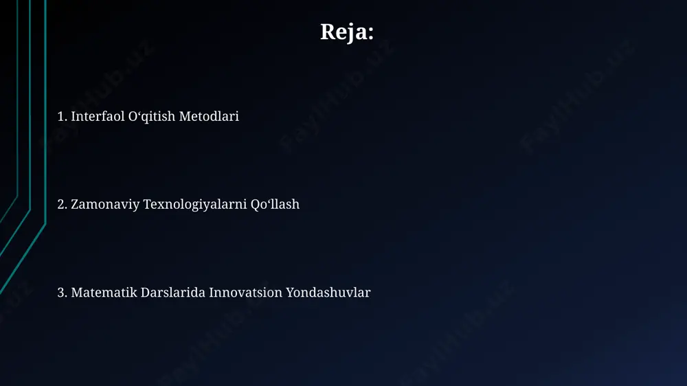i bo'yicha samarqanddagi sinflarda o'tkazilgan tajriba natijasida, o'quvchilarning muammolarni yechish qobiliyati 15 ballga oshdi va bu 30% ga teng. "geometry heroes" kabi onlayn platformalar, 9-sinf geometriyasi uchun andijonda 100 dan ortiq o'quvchilar ishtirok etgan tadqiqot shuni ko'rsatdiki, o'quvchilarning mavzuga bo'lgan qiziqishi va tushunchasi 25% ga yaxshilandi. hamkorlikda o'rganish 3 guruhga bo'lingan 72 nafar o'quvchi bilan o'tkazilgan farg'onadagi eksperiment, hamkorlikda o'rganish usuli algebraviy tenglamalarni hal qilish ko'nikmalarini 15% ga oshirganini namoyish etdi. hamkorlikda o'rganish, 5-sinf o'quvchilari orasida toshkentdagi 2 ta sinfda o'tkazilgan tadqiqotda, mustaqil ishga nisbatan 25% ga yuqori natijalarga erishganligini ko'rsatdi. muammo yechishga yondashuvlar toshkentdagi maktabda o'tkazilgan tajriba shuni ko'rsatdiki, matematik muammolarni kompyuter o'yinlari orqali yechish 5-sinf o'quvchilarining matematikaga bo'lgan qiziqishini 2 barobar orttirdi. 1-10 yoshgacha bo'lgan bolalar uchun samarqanddagi matematika darslarida amaliy muammolarni yechishda lego konstruktorlaridan foydalanish o'quvchilarning fazoviy fikrlash qobiliyatini 30% ga oshirdi. e'tiboringiz uchun rahmat @taqdimot_robot image1.jpg image2.jpg image3.jpg image4.jpg image5.jpg image6.jpg image7.jpg