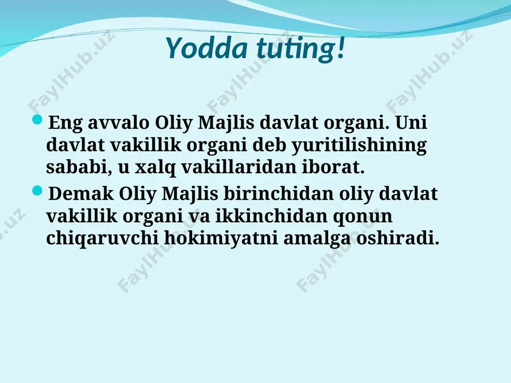 shtirok etishi shart. o‘zbekiston respublikasi oliy majlisining qonunchilik palatasi spikerining vakolatlari qonunchilik palatasining majlislarini chaqiradi, ularda raislik qiladi; qonunchilik palatasi muhokamasiga kiritiladigan masalalrni tayyorlashga umumiy rahbarlik qiladi; qonunchilik palatasi qo‘mitalari va komissiyalarining faoliyatini muvofiqlashtirib boradi; o‘zbekiston respublikasi qonunlarining va qonunchilik palatasi qarorlarining ijrosi ustidan nazoratni tashkil qiladi. parlamentlararo aloqalarni amalga oshirish ishlariga hamda halqaro parlament tashkilotlari ishi bilan bog‘liq qonunchilik palatasi guruhlarining faoliyatiga rahbarlik qiladi. o‘zbekiston respublikasi oliy majlisining senati, boshqa davlat organlari, chet davlatlar, halqaro va o‘zga tashkilotlar bilan o‘zaro munosabatlarda qonunchilik palatasi nomidan ish ko‘radi. qonunchilik palatasi qarorlarini imzolaydi ushbu konstitutsiya va qonun hujjatlarida nazarda tutilgan boshqa vakolatlarini amalga oshiradi. foydalanilgan adabiyotlar 1. allan ides christopher n. may constitutional law - individual rights. fifth edition 2012. 2. o’zbekiston respublikasining konstitutsiyasi t. “o’zbekiston” 2019 3. o‘zbekiston respublikasining “jismoniy va yuridik shaxslarning murojaatlari to‘g‘risida”gi o‘rq–378-son qonuni // 3.12.2014 y. // o‘zbekiston respublikasi qonun hujjatlari to‘plami, 2014 y., 49-son o‘zbekiston respublikasining …