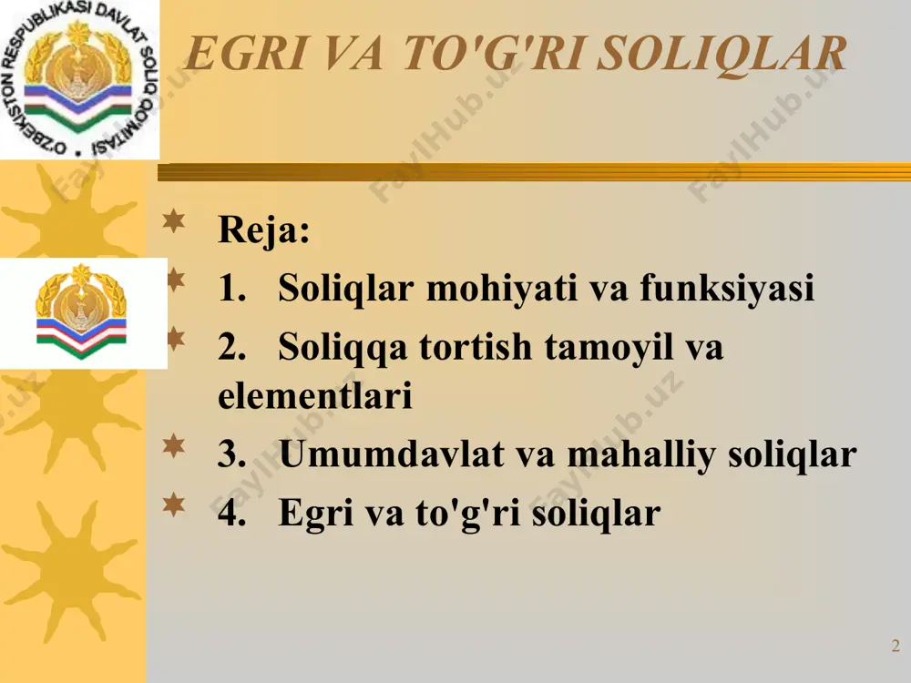 plashda o'zlari hurmat muhofazasida foydalanayotgan daromadlariga muvofiq tarzda qatnashishlari lozim. 2. har bir odam to'laydigan soliq aniq belgilab qo'yilgan bo'lishi kerak, bunda o'zboshimchalik ketmaydi. soliq miqdori, to'lanadigan vaqti va tartibi uni to'lovchiga ham, boshqa har qanday odamga ham birday aniq va ma'lum bo'lishi zarur. 3. har bir soliq to'lovchiga har jihatdan qulay bo'lgan vaqtda va tartibda undirilishi kerak. 4. har bir soliq shunday tarzda tuzilishi kerakki, bunda soliq to'lovchining hamyonidan ketadigan pul davlat byudjetiga kelib tushadigan mablag'ga nisbatan ortiq bo'lishiga mumkin qadar yo'l qo'yilmasin. * hozirgi sharoitga tatbiqan olganda, soliqqa tortish samarali tizimining quyidagi tamoyillarini ta'riflab o'tish mumkin: etarlilik tamoyili. mazkur tamoyilga muvofiq soliqqa tortish darajasi shunday bo'lishi lozimki, u davlat intilayotgan xalq xo'jaligi samaradorligiga erishishni kafolatlay olsin. soliqqa tortish tizimi iqtisodiyot, ijtimoiy himoya, mudofaa qobiliyati va boshqa sohalardagi davlat siyosatini amalga oshirish uchun zarur bo'lgan moliya resurslari to'planishini ta'minlasin. shuni ham ta'kidlab o'tish lozimki, soliq stavkalari o'zicha olganda soliq …