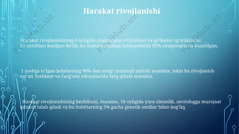 anishiga salbiy ta'sir ko'rsatishi mumkin, xususan, gippokampus hajmining kamayishiga olib kelishi aniqlangan, bu esa xotira va o'rganish qobiliyatlariga ta'sir qiladi. kognitiv rivojlanish 2 yoshga kelib, bolalarning lug‘ati o‘rtacha 200-500 so‘zga yetadi, bu esa aқшning milliy sog‘liqni saqlash institutining ma’lumotlariga ko‘ra, kognitiv rivojlanishning muhim ko‘rsatkichidir. piaget nazariyasiga ko‘ra, 7-11 yosh oralig‘ida bolalarning mantiqiy fikrlash qobiliyati rivojlanadi, bu esa matematik masalalarni yechishda va murakkab muammolarni tahlil qilishda namoyon bo‘ladi. 6 yoshli bolalar abstrakt fikrlashni o‘rganish bosqichida bo‘lib, masalan, geometrik shakllarni tasavvur qilish va ular bilan manipulyatsiya qilish ularning kognitiv yetukligini ko‘rsatadi. til rivojlanishi самарқанд вилоятида ўтказилган тадқиқотлар 8-10 ёшли болаларда эмоционал интеллект кўрсаткичларининг ижтимоий муҳит таъсирига 30% га боғлиқлигини кўрсатди. ўзбекистондаги 5-7 ёшли болаларнинг 70% ида фикрлаш қобилиятининг ривожланишида ўйинлар ва мулоқотнинг муҳим роли борлиги аниқланган. 0-3 ёшли болаларда миянинг тезкор ривожланиши 1000 дан ортиқ нейронларнинг ўзаро боғланиши билан характерланади, бу эса тошкентдаги нейрология марказлари томонидан ўрганилган. uyqu va dam olish o'rtacha …