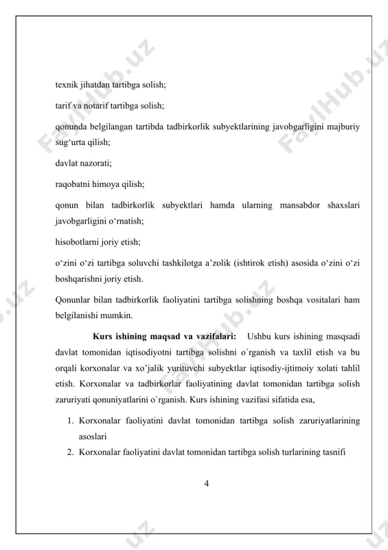i. o’zbekiston respublikasida tadbirkorlik sube’ktlarining faoliyatini quyidagi qonunlar bilan tartibga solinadi hamda kafolatlanadi: “mulkchilik to’g’risi”gi, “tadbirkorlik faoliyaiti erkinligi kafolatlari to’g’risida”gi, “xo’jalik yurituvchi sub’ektlarining davlat tomonidan nazorat qilish to’g’risida”gi, “oilaviy tadbirkorlik to’g’risida”gi, “korxonalar to’g’risida”gi, “davlat tasarrufidan chiqarish va xususiylashtirish to’g’risida”gi, “banklar va bank faoliyati to’g’risida”gi, “chet el investitsiyalari to’g’risida”gi, “tashqi iqtisodiy faoliyat to’g’risida”gi va shu kabi boshqa qonunlarda. iqtisodiyotni davlat tomonidan tartibga solish - jamiyat a’zolarining ehtiyojlarini qondirish darajasini oshirish uchun cheklangan ishlab chiqarish resurslaridan yanada samarali foydalanishni ta’minlovchi, umumiy iqtisodiy muvozanatga erishishga yo’naltirilgan, ijtimoiy takror ishlab chiqarish jarayonini tashkil etish bo’yicha davlaatning faoliyati. iqtisodiyotni davlat tomonidan tartibga solishning maqsadi – iqtisodiy va ijtimoiy barqarorlikni ta’minlash, mavjud tuzumni mamlakat ichida va xalqaro maydonda mustahkamlash hamda uni oz’garib turuvchi sharoitga moslashtirish hisoblanadi. davlatning iqtisodiy vazifalari - bozor tizimining samarali amal qilishiga imkon tug’diruvchi huquqiy asos va ijtimoiy muhitni ta;minlash; raqobatni himoya qilish; daromad va boylikni qayta taqsimlash; resurslarni qayta taqsimlash; iqtisodiyotni barqarorlashtirish …