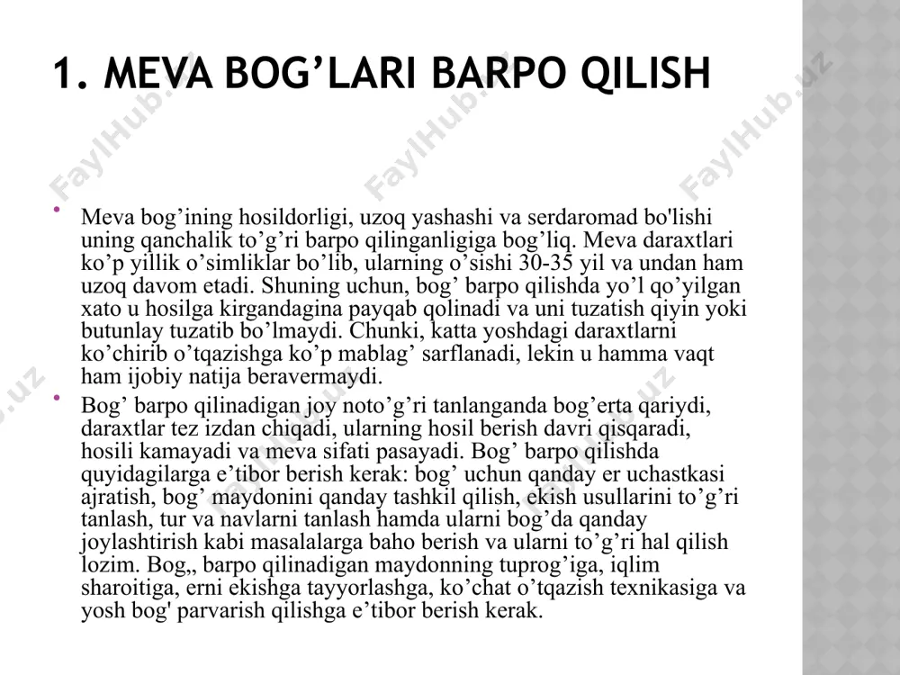gar bog’ qator oralarida uzoq vaqt davomida bir xil o’simlik ekilsa, uning tuprog’i bir tomonlama kuchsizlanadi, oraliq ekinlar hosili kamayadi. shu sababli, bir yillik o’simliklar vaqti-vaqti bilan almashtirib turiladi, zarur bo’lgan takdirda qator oralariga ko’p yillik o’tlar, sideratlar ekiladi yoki qora shudgor qilib qoldiriladi. bundan maqsad, tuproq unumdorligini oshira borish, qishloq xo’jalik mahsulotlarini xarid qilish rejasini bajarishga yordam berish, ishchi kuchi va mexanizmlardan to’liq foydalanishdir, namlikka, oziq moddalarga bo’lgan talabchanligi hamda ularni o’rib-yig’ish muddatlari ham e’tiborga olinadi. hosilga kirgan, shox-shabbasi tutashib ketgan bog’ qator oralariga ekin ekilmaydi. ular shudgor qilib qo’yiladi, har 2-3 yilda bir marta ko’kat o’g’it sifatida gorox, shabdar ekiladi. meva daraxtlari siyrak o’tqazilgan kamdan- kam hollardagina boqqa sebarga, shabdar va beda ekish mumkin. bog’ qator oralariga ishlov berishda tuproqning kukunlashib ketamasligiga havo va suv o’tqazuvchanligi yaxshi bo’lishiga, begona o’tlardan tozalangan bo’lishiga e’tibor berish kerak. ekinlardan va o’tlardan bo’shagan bog’ qator oralarini kuzda shudgorlab qo’yish, shuningdek tana atrofidagi …