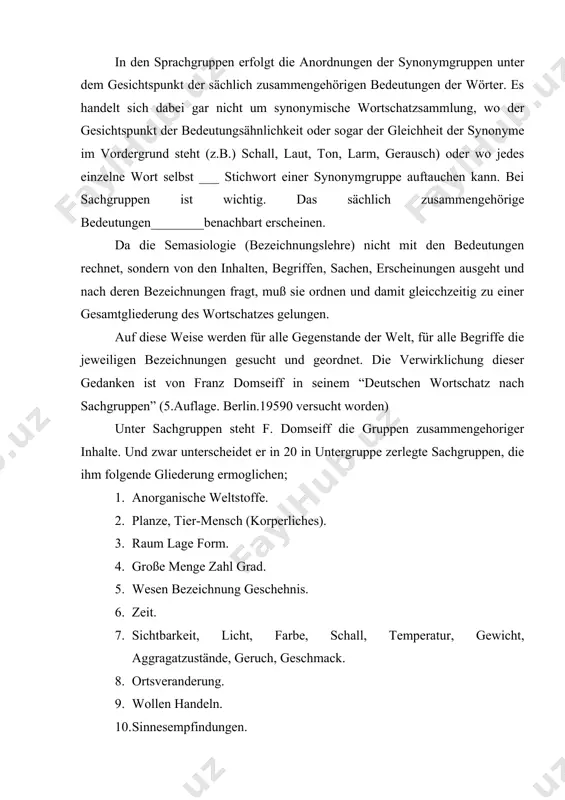 . doch wird das gliedeungsprinzip samt seinem verfahren einer scharfen kritik ausgesetzt. unklar ist z.b. das einordnungsprinzip innerhalb der 8.sachgruppe “ostveranderung” in der untergruppe “hinauf”, wo nicht nur entsprechende bewegungsverben, adverbien, usw. erscheinen, sondern auch solche bezeichnungen wie lerche, fontane, bühne, empore und podium befinden sich in erhohter lage. aber der zusmmenhang ergipft sich aus blossen und recht willkurlichen assoziationen. der begriff des wortfeldes (лексическое поле) stammt von jost trier (1931) und bedeutet einen gegliederte menge bedeutungs- oder sinnverwandter wörter, ein feld von bedeurungsähnlichen wörtern in dem die bedeutung jedes wörters durch die bedeutung der anderen wörter begrenzt und bestimmt wird, z.b. anderen, spazieren, bummeln usw. im wortfeld “gehen”. ein wortfeld wird durch paradigmatische, lexikalische bezeichnungen konstituiert. wortfelder bilden ein ordnungs und strukturprinzip des wortschatzes einer sprache und zeugen vom systemcharakter der sprache und damit auch des wortschatzes. die ansichten darüber, was ein system in der sprache ist und inwiefern …