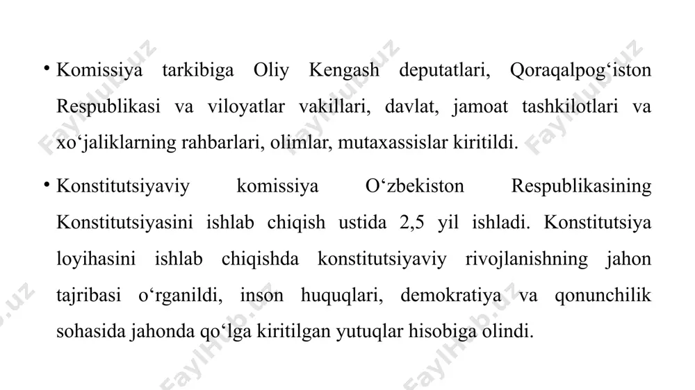 himdir. o'zbekiston respublikasini konstitusiyasini va huquqiy davlatni rivojini barpo etishda hal qiluvchi o'rin egallaydi. konstitusiya me'yorlari birlamchi hisoblanadi. birorta ham qonun yoki boshqa me'yoriy-huquqiy xujjat konstitusiya normalari va qoidalariga zid kelishi mumkin emas. konsititusion me'yorlar boshqa qonunlardan yuqori turadi. chunki davlani barcha joriy qonunlari va boshqa huquqiy xujjatlari konstitusiya qabul qilishda ob'ektiv va sub'ektiv, ichki va tashqi omillar birinchi o'rinda turadi. konstitutsiyaga kiritilgan o’zgarishlar. oʻzbekiston respublikasi konstitutsiyasiga hozirgi kunga qadar 14-marta oʻzgartirish va qoʻshimchalar kiritilgan. 1993-yil 28-dekabrda qabul qilingan qonun bilan konstitutsiyaning 77-moddasi 1-qismidagi ”150 nafar deputatdan” degan soʻzlar ”deputatlardan” degan soʻz bilan almashtirildi; 2002-yil 27-yanvarda oʻtkazilgan umumxalq referendumi natijalariga koʻra hamda uning asosida 2003-yil 24-aprelda qabul qilingan qonuniga muvofiq, konstitutsiyaning xviii, xix, xx, xxiii boblariga oʻzgartishlar va qoʻshimchalar kiritilgan; 2007-yil 11-apreldagi qonun bilan konstitutsiyaning 89-moddasiga, 93- moddasining 15-bandiga, 102-moddasining ikkinchi qismiga tuzatishlar kiritilgan; 2008-yil 25-dekabrda qabul qilingan qonun bilan konstitutsiyaning 77-moddasi birinchi qismiga oʻzgartish kiritilgan; 2011-yil 18-aprelda qabul qilingan …
