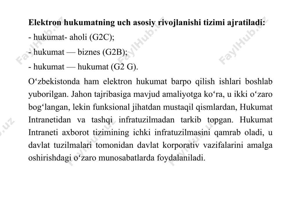 1 yildan 2007 yilgacha amalga oshirilgan fuqarolarga yo‘naltirilgan hukumat 2.0 bosqichi, ular bilan onlayn va interaktiv ravishda muomala qilish. elektron hukumatni amalga oshirish bo‘yicha loyihalar an’anaviylik (konfutsiylik) va “oqilona byurokratiya” tamoyillari asosida amalga oshirildi. bir necha yillar davomida davlat boshqaruvi va xizmat ko‘rsatishni tartibga soluvchi me’yoriy hujjatlarning 40 foizigacha o‘zgargan. ”elektron hukumat hukumati 3.0” rivojlanishining uchinchi bosqichida fuqarolarga elektron xizmatlarni uzluksiz taqdim etish maqsadida elektron hukumatning axborot tizimlari birlashtirildi va davlat bilan o‘zaro aloqalar uchun zarur bo‘lgan ma’lumotlarga ochiq kirish ta’minlandi. elektron hukumatni amalga oshirish kontseptsiyalari onlayn xizmatlardan foydalanish va davlat xizmatlarini ko‘rsatish uchun aktdan keng foydalanishdan siyosiy institutlarni, boshqaruv qarorlarini qabul qilish va amalga oshirish jarayoni to‘g‘risida fuqarolarning ta’sir shakllari va sohalarini modernizatsiyalashni ta’minlaydigan tamoyillar va mexanizmlarni o‘zgartirishga o‘tadi. elektron hukumat arxitekturasi. hududiy darajadagi axborot tizimlarini konseptual loyihalash. www.gov.uz–o’zbekiston respublikasi hukumat portali. o’zbekiston respublikasining hukumat portali internetning global kompyuter tarmog’idagi asosiy va rasmiy davlat axborot resursi hisoblanadi. o’zbekiston respublikasining …